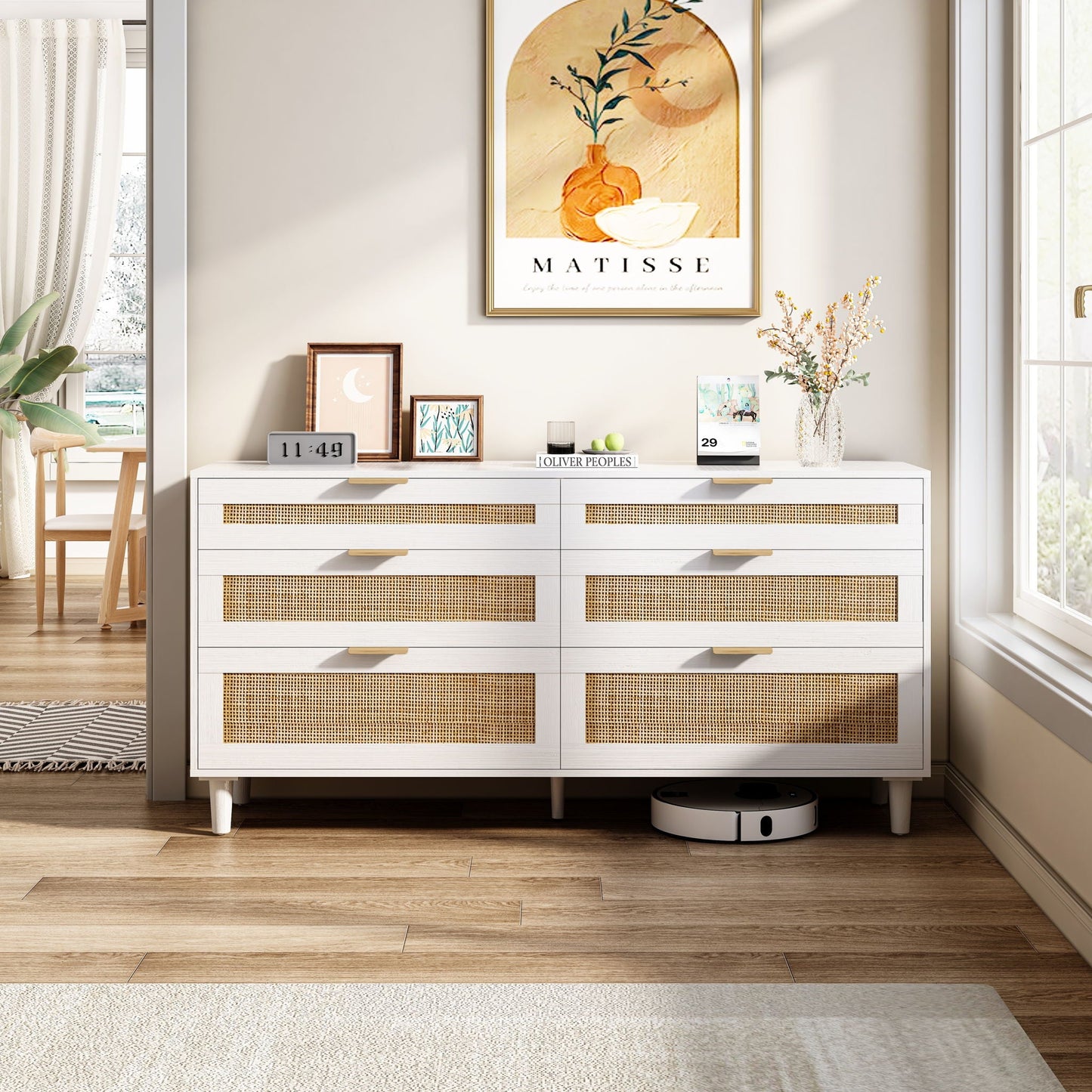 Rattan Dresser With 6 Drawers, Wooden Legs & Metal Handle