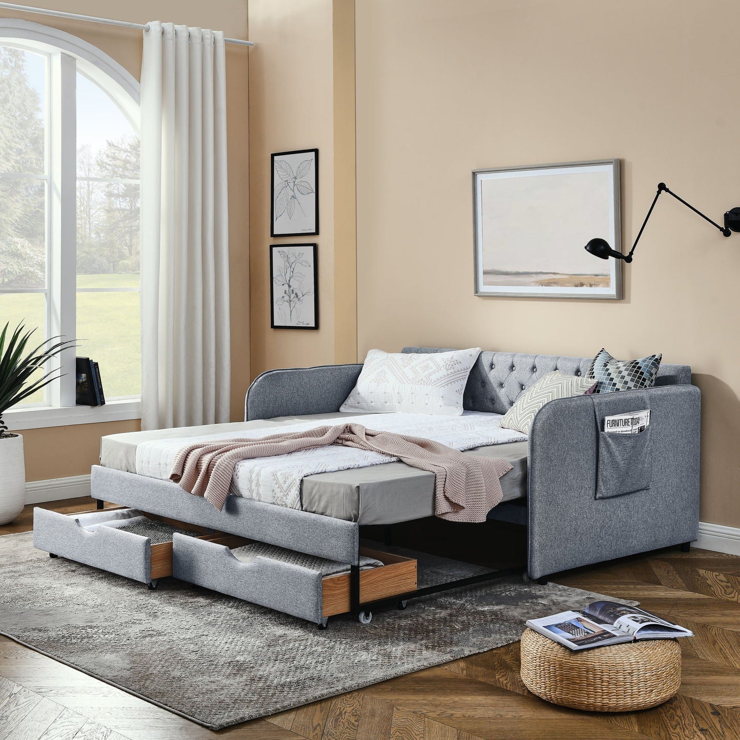 Daybed With Trundle And Storage Drawers, Flat Arms With Pocket