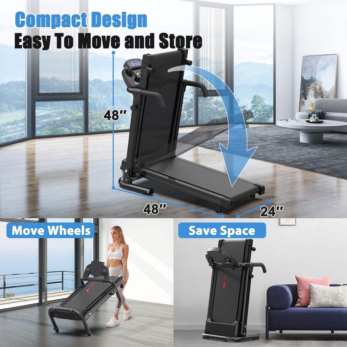 2.5Hp Portable Treadmill With Handles, App Control & LED Display - Black