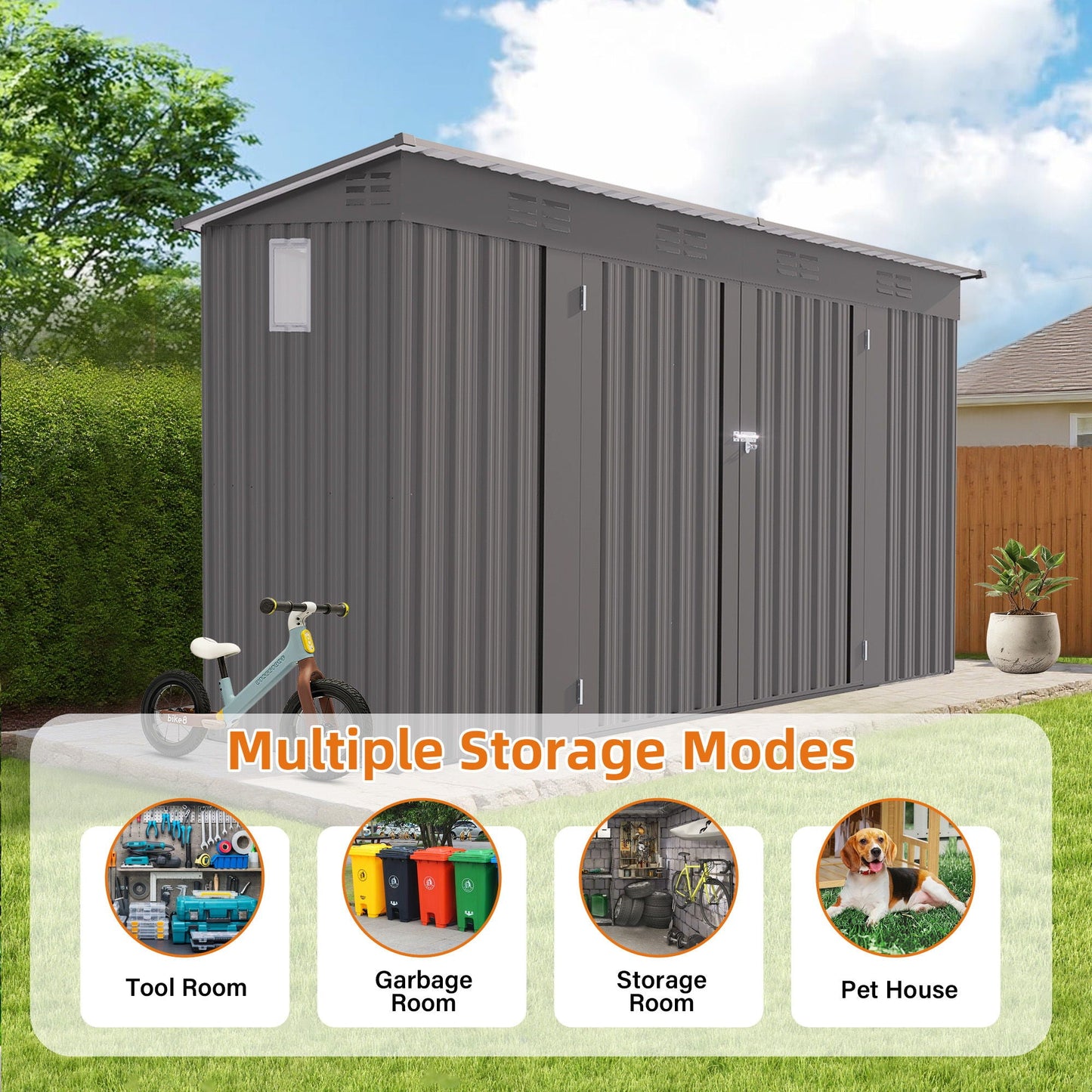 Outdoor Storage Shed, Tool House With Sloping Roof, 6 Vents And 2 Swing Doors For Backyard - Gray
