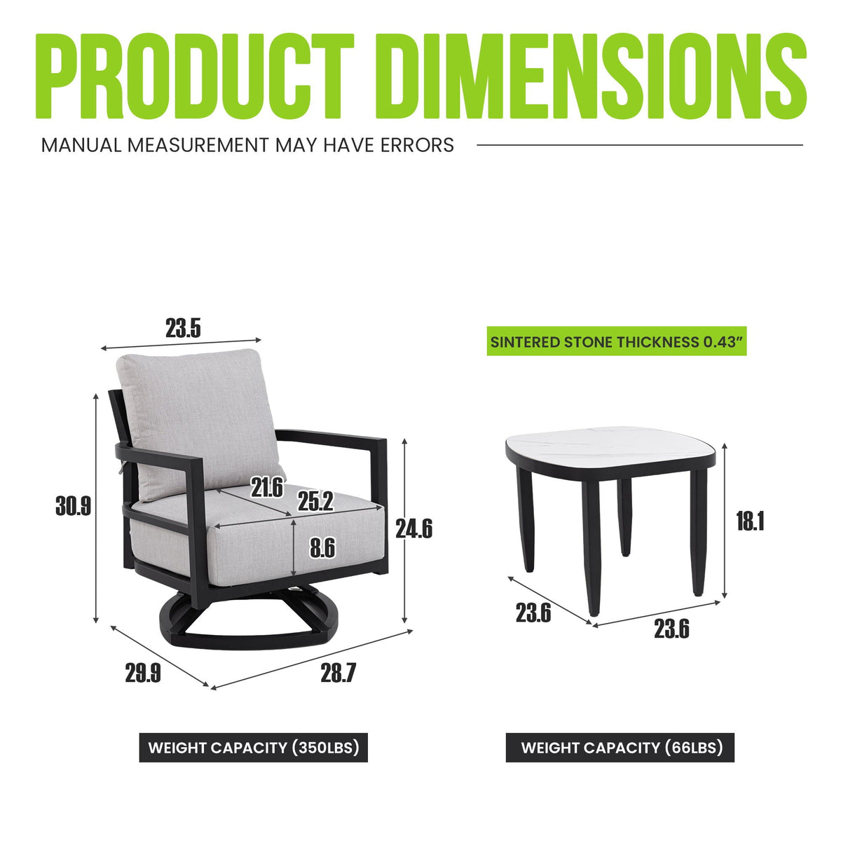 Outdoor Patio Furniture Chat Set with Sunbrella Cushions and Side Table