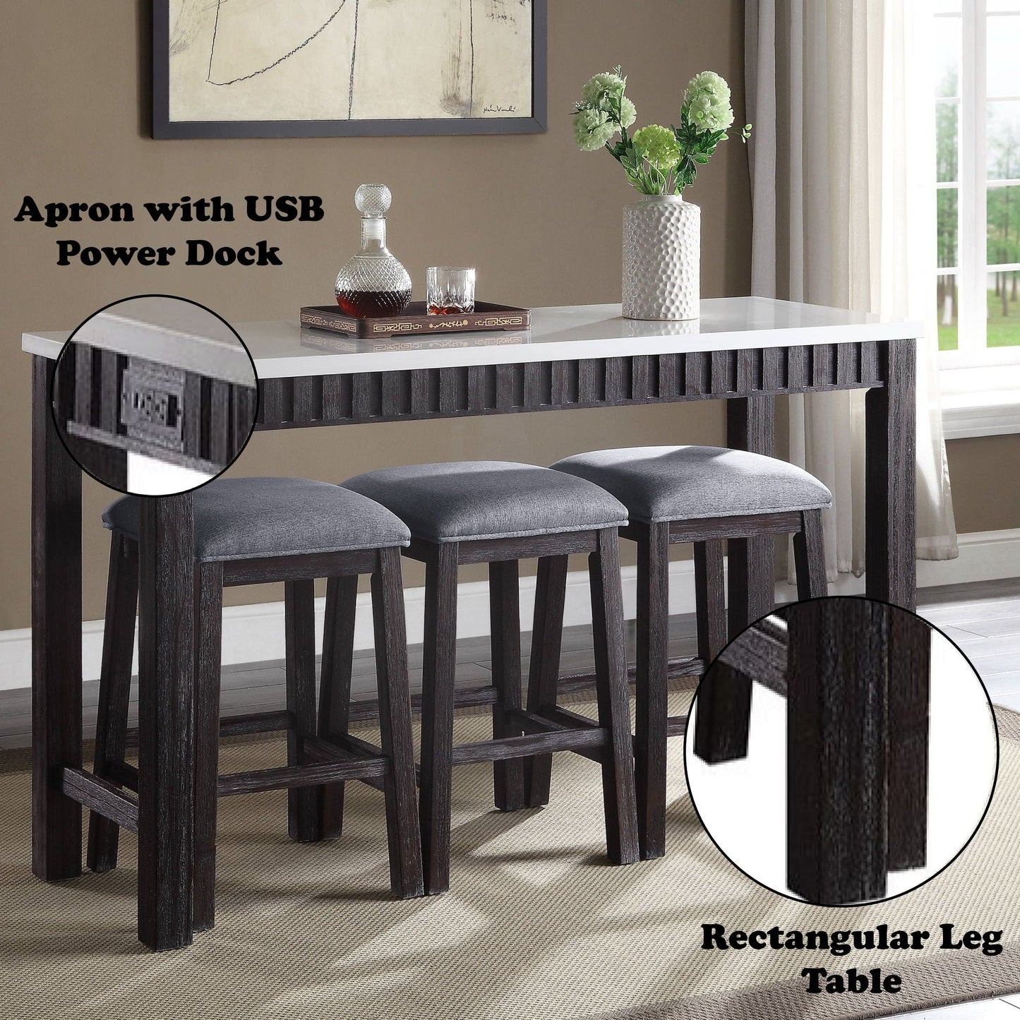 Necalli Marble Top Weathered 4 Piece Pack Counter Height Table Set - Espresso