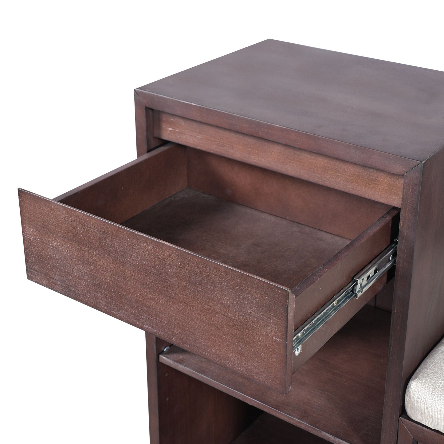 Entryway Storage Bench With Cushion, Drawers & Open Shelves
