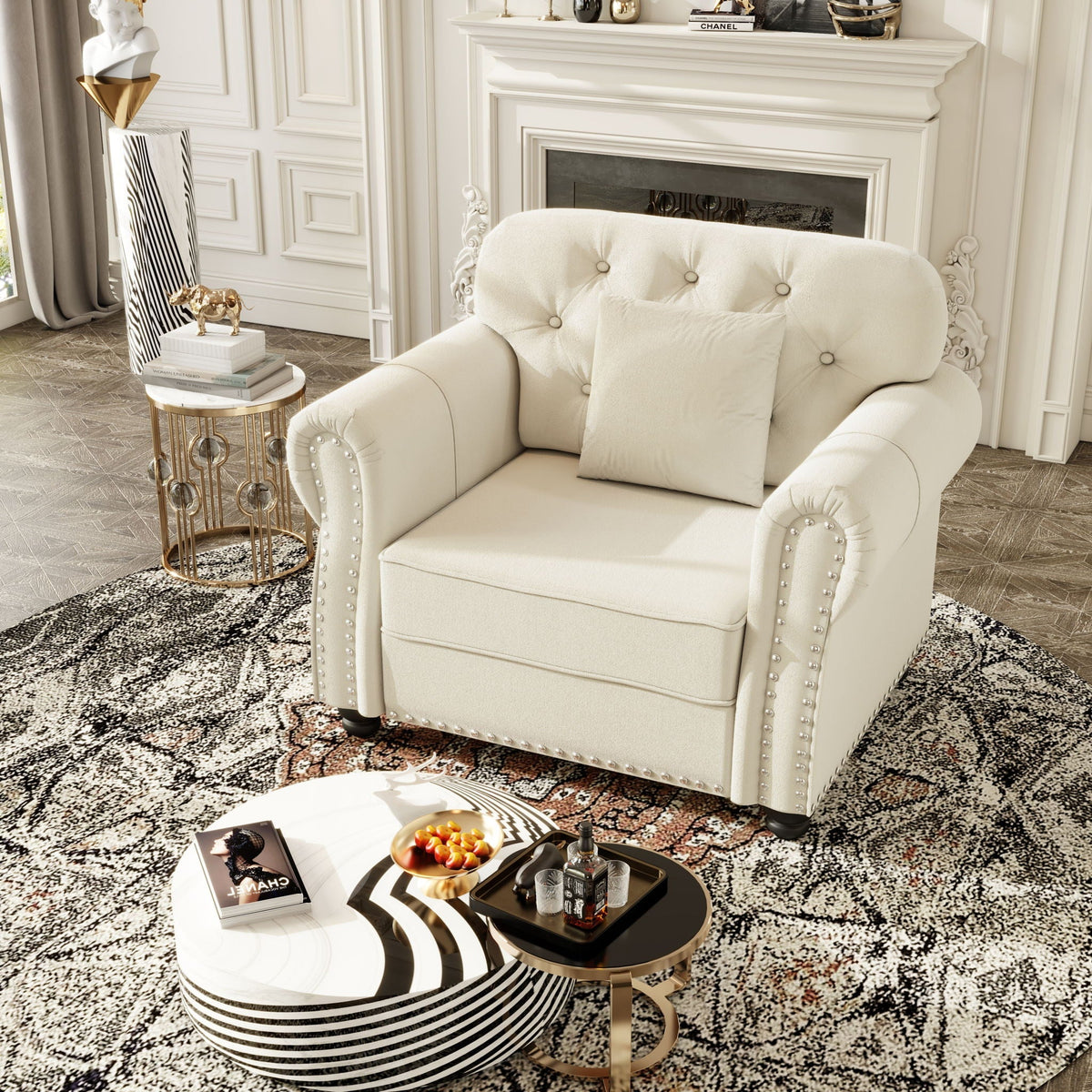 Upholstered Sofa With Nailhead Trim And Rolled Armrests