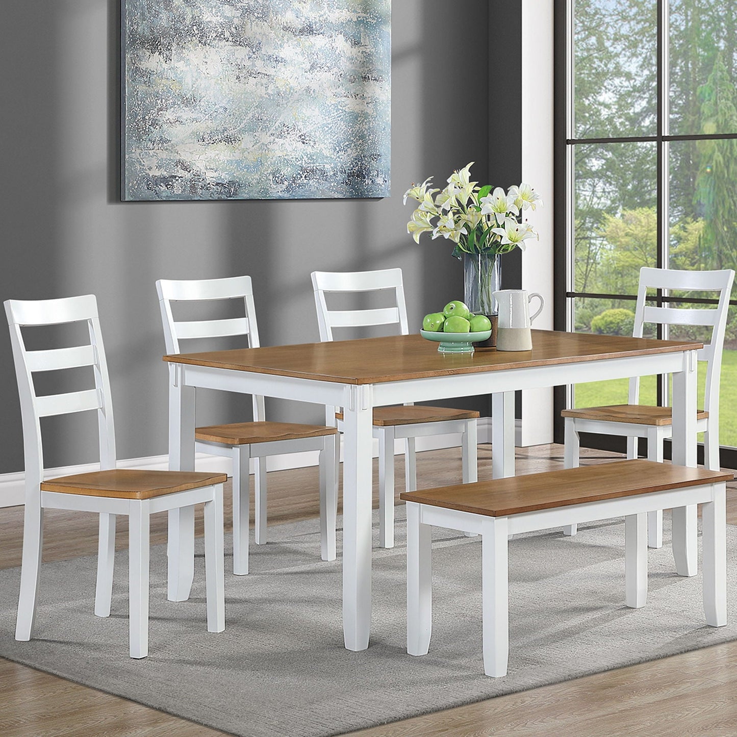 6 Piece Dining Set Table With 4 Side Chairs And Bench - Light Brown / White