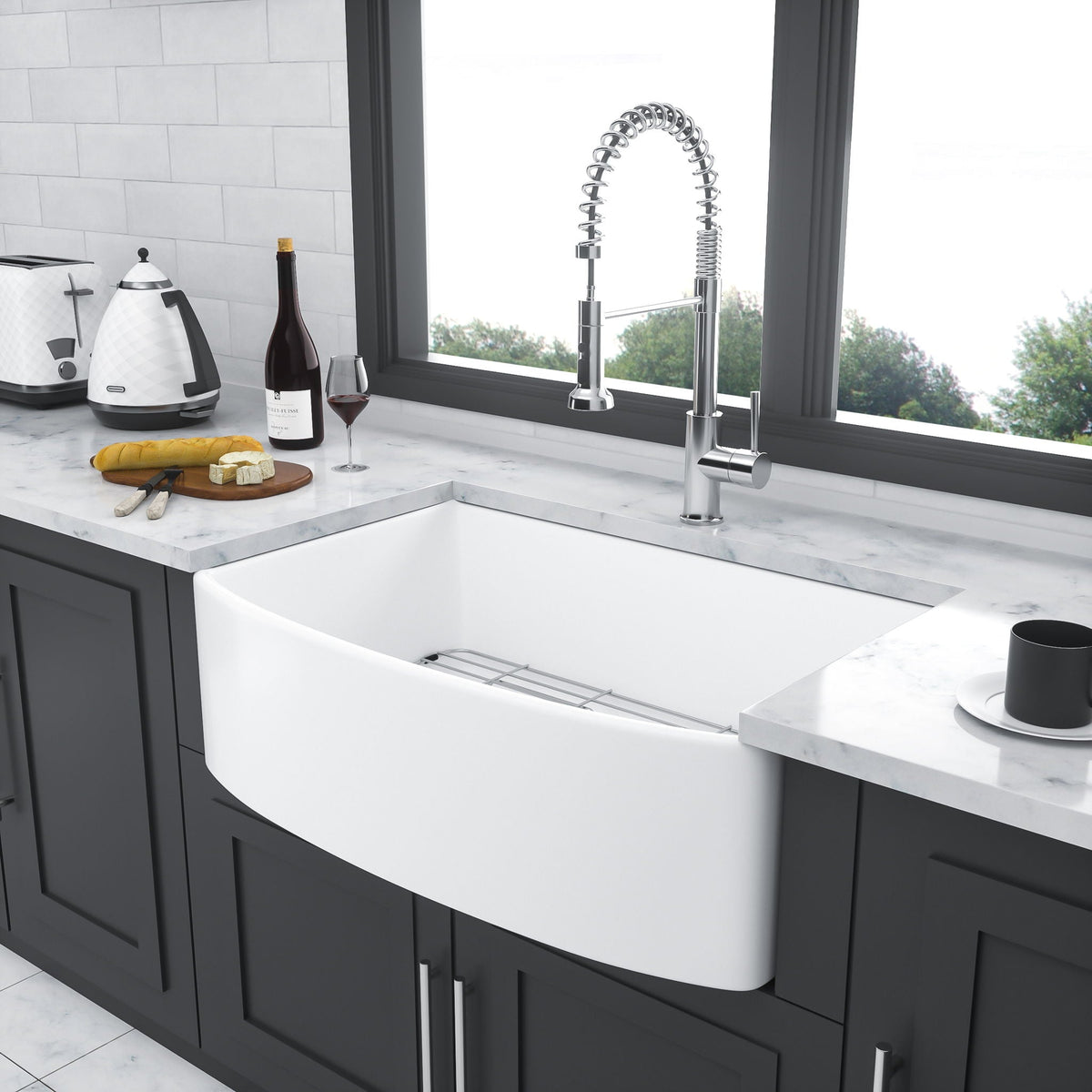 Ceramic Farmhouse Sink, Apron Front Single Bowl With Arch Edge