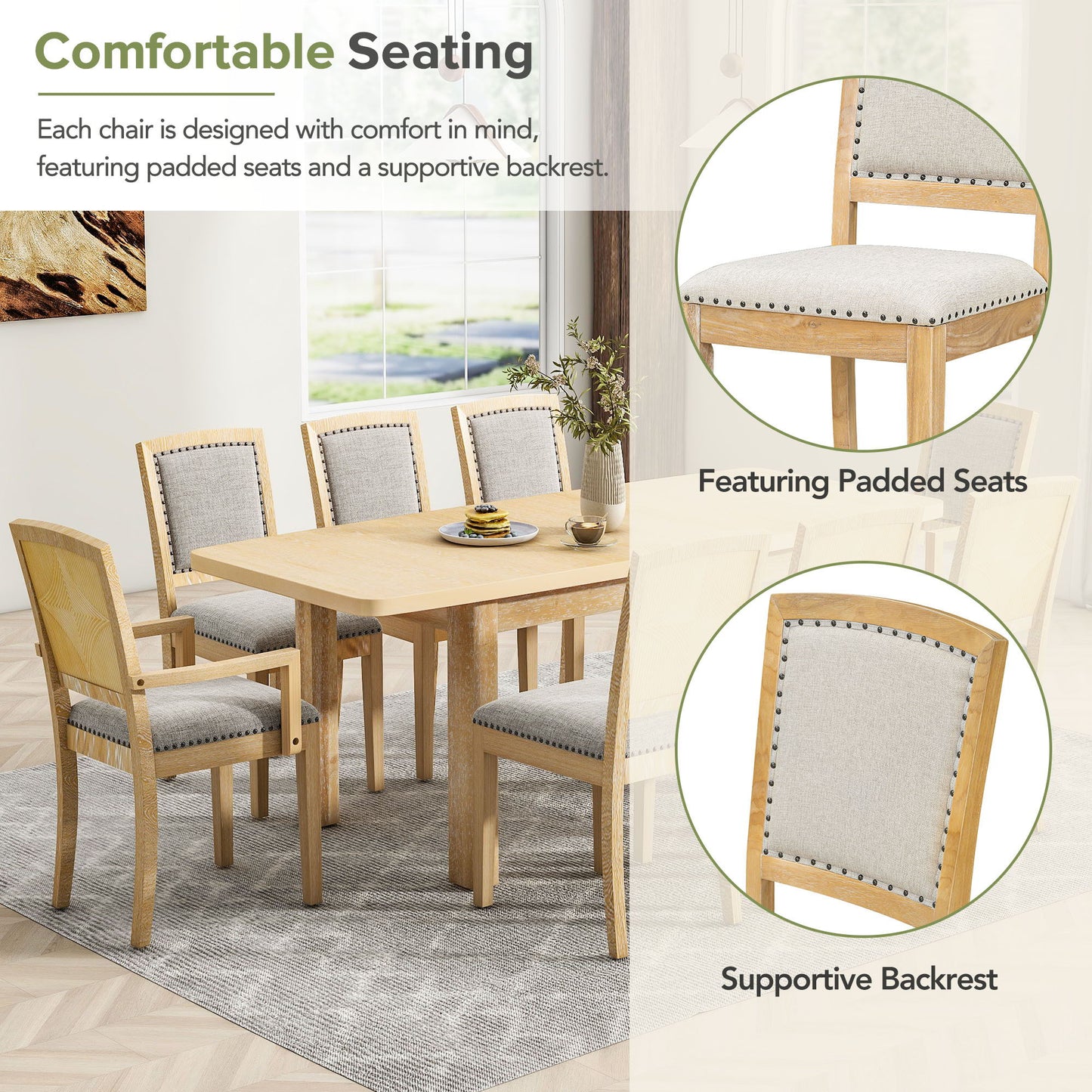 Topmax - Rustic Extendable Dining Table Set With Removable Leaf, 6 Upholstered Armless Dining Chairs And 2 Padded Arm Chairs, 9 Pieces