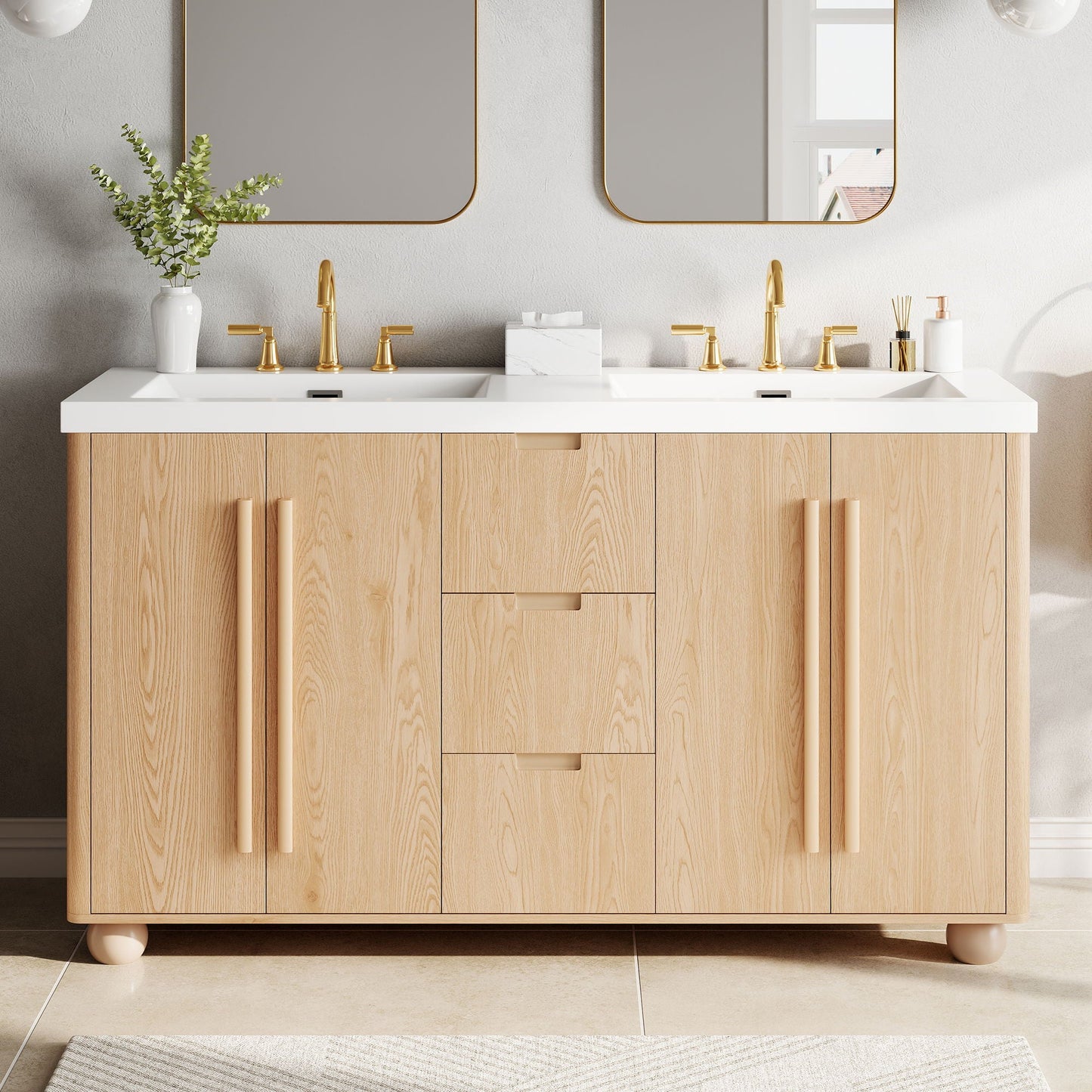 Double Sink Bathroom Vanity With Sinks, Soft Close Doors & 3 Drawers - Wood