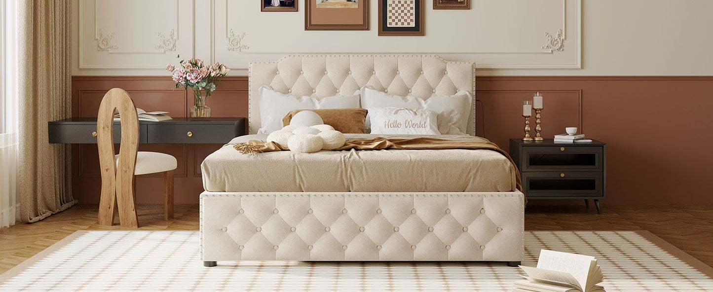 Upholstered Platform Bed With Trundle And 2 Sets Of USB Ports On Each Side, Fabric