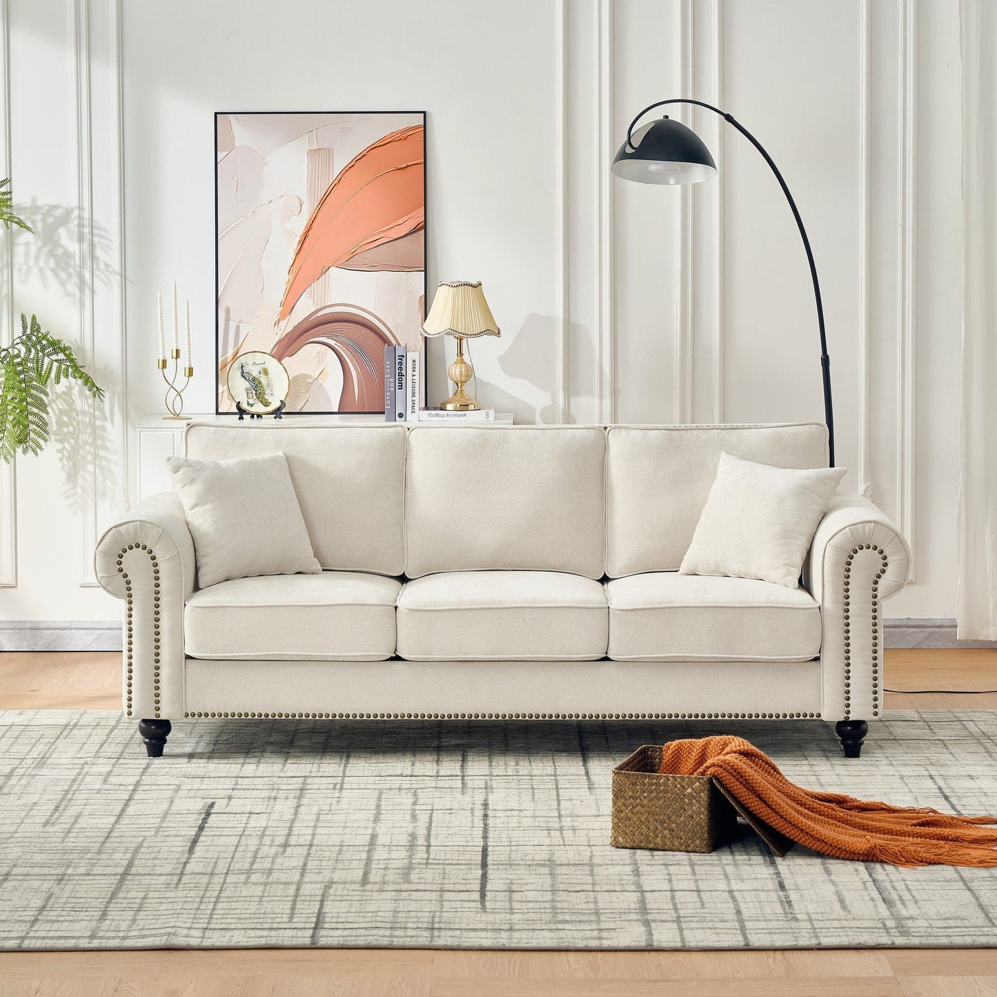 3 Seater Sofa With Tufted Upholstery, Rolled Arms, Nailhead Trim