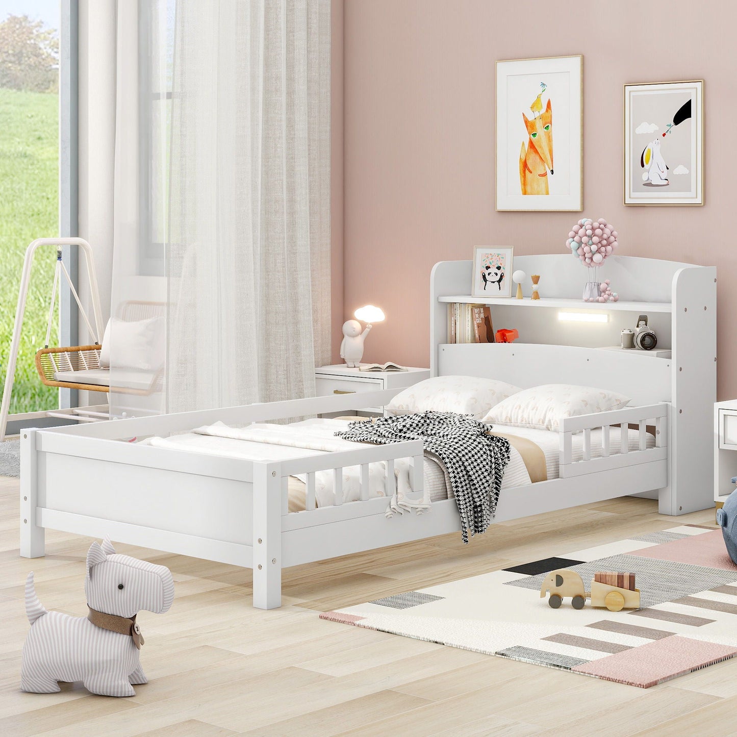 Wood Platform Bed With Built In LED Light, Storage Headboard And Guardrail