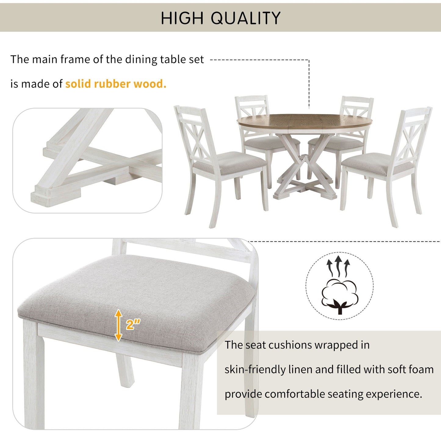Dining Set With Extendable Round Table And 4 Upholstered Chairs
