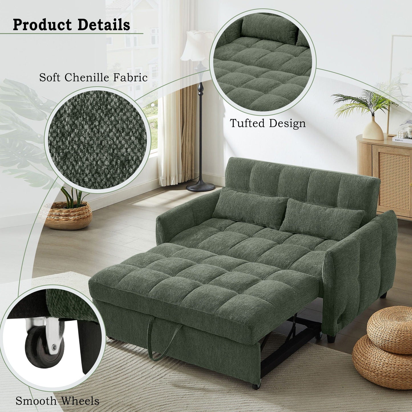 Loveseat Sofa Pull-Out Bed With Adjustable Backrest, 3 USB Ports And 2 Lumbar Pillows For Living Room