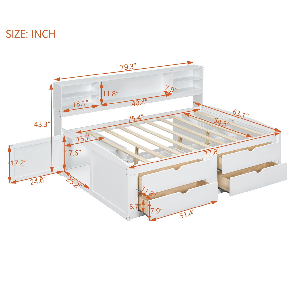 Daybed With 2 Bedside Cabinets, Upper Shelves And 4 Drawers
