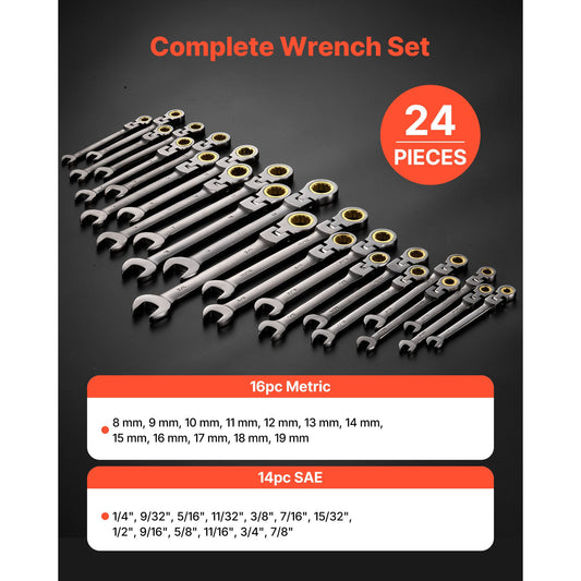 Flex-Head Ratcheting Wrench Set, 24-Piece SAE and Metric