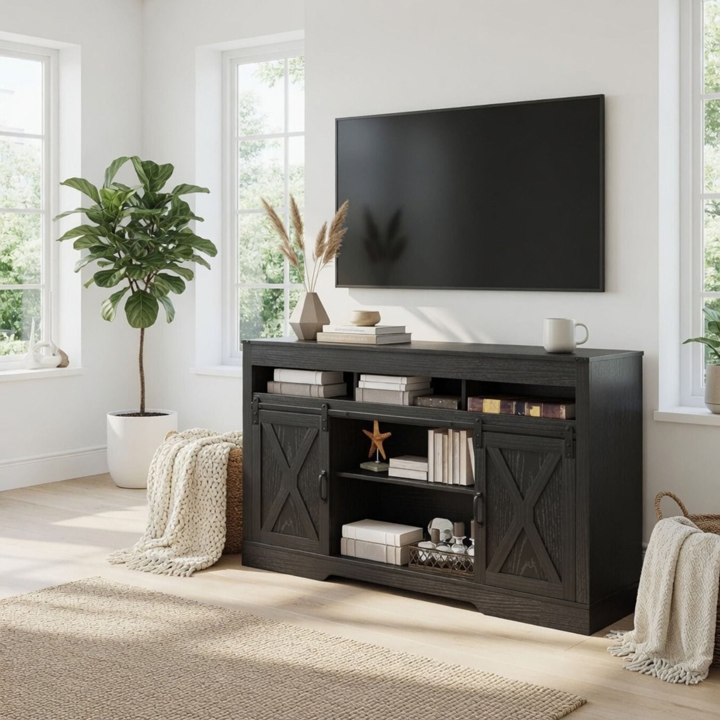 Farmhouse TV Stand With Sliding Barn Doors & Adjustable Storage