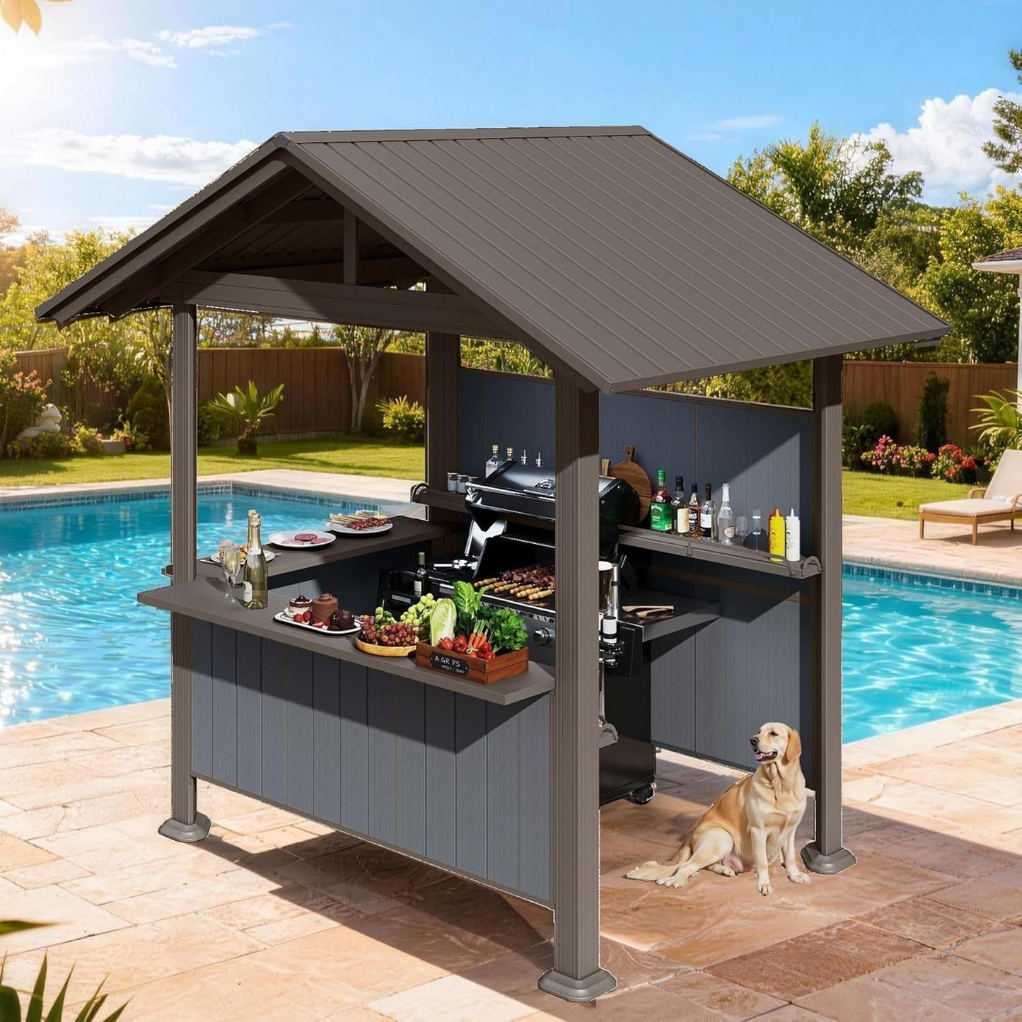 9.4x6.2 FT Hardtop Grill Gazebo with Storage Shelves & Resin Shade System