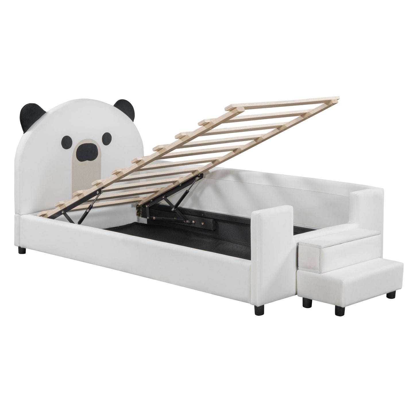 Upholstered Daybed With Bear Shaped Headboard, Hydraulic System And Breathable Fence