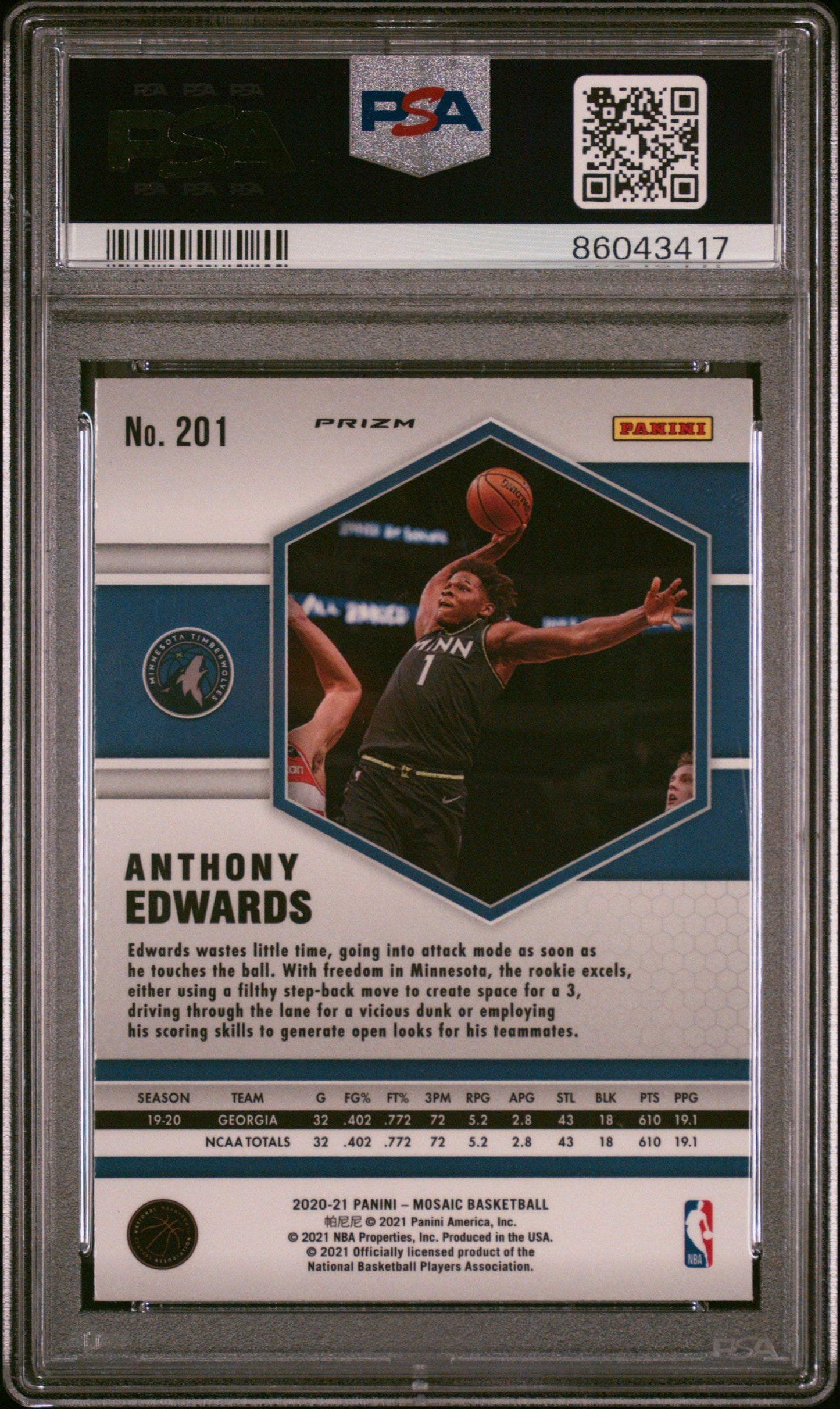 Graded 2020-21 Panini Mosaic Anthony Edwards #201 Reactive Blue Rookie RC Basketball Card PSA 10 Gem Mint