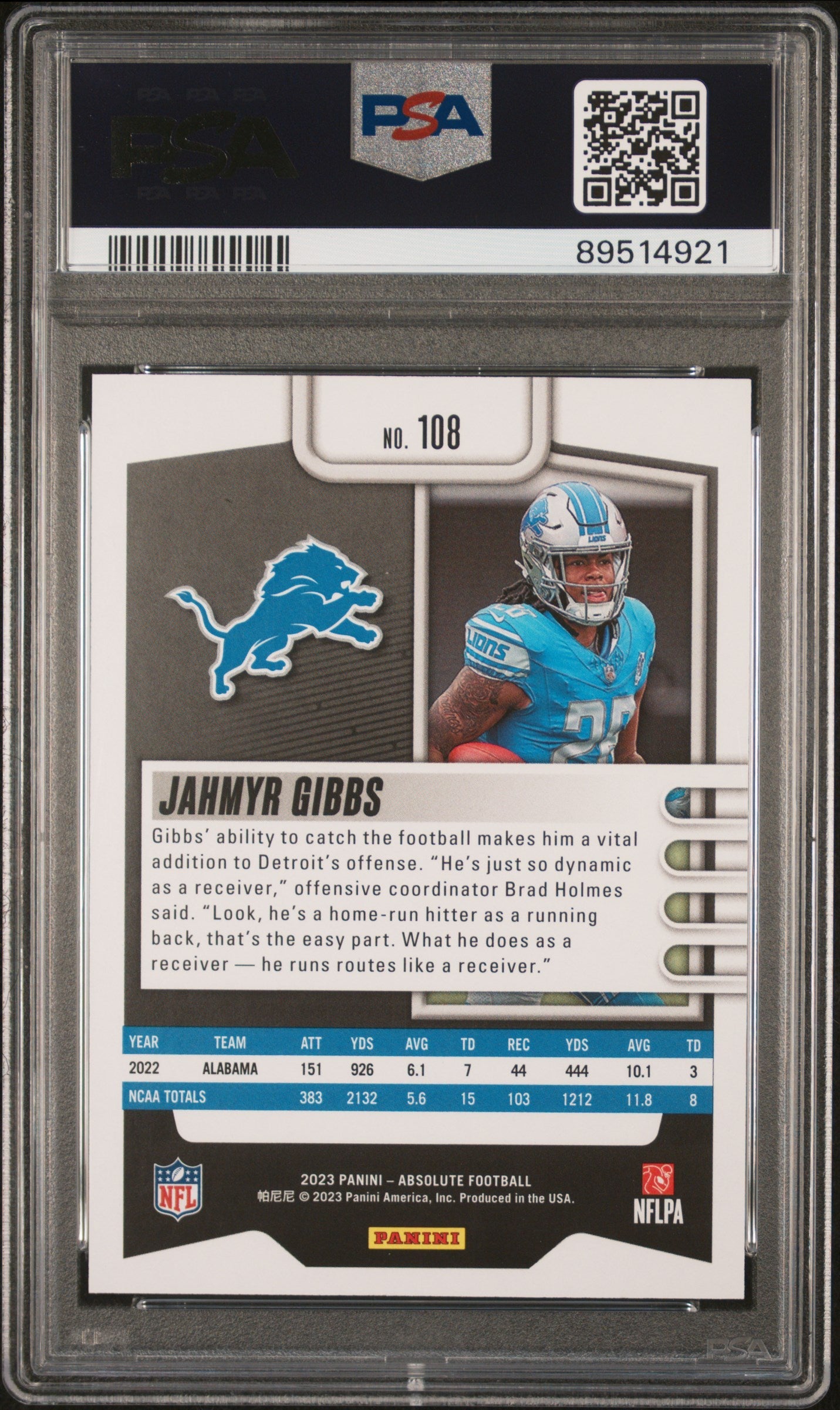 Graded 2023 Panini Absolute Jahmyr Gibbs #108 Red Squares #/499 Rookie RC Football Card PSA 10 Gem Mint