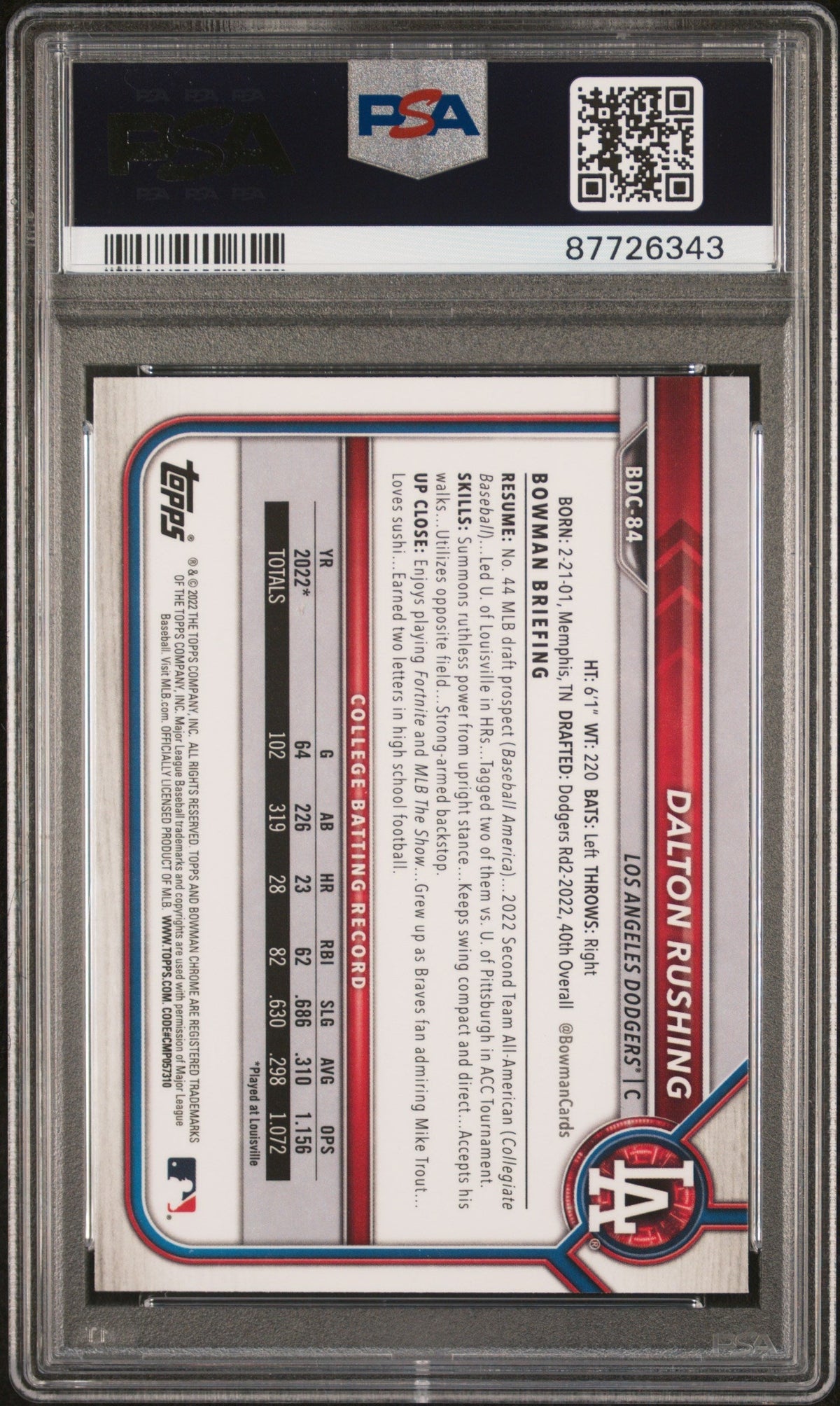 Graded 2022 Topps Bowman Draft Dalton Rushing #BDC84 Chrome Rookie RC Baseball Card PSA 10 Gem Mint