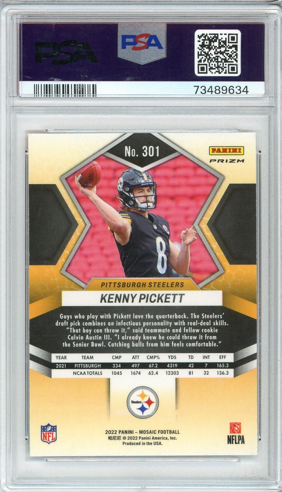 Graded 2022 Mosaic Kenny Pickett #301 Reactive Orange Rookie RC Football Card PSA 10 Gem Mint