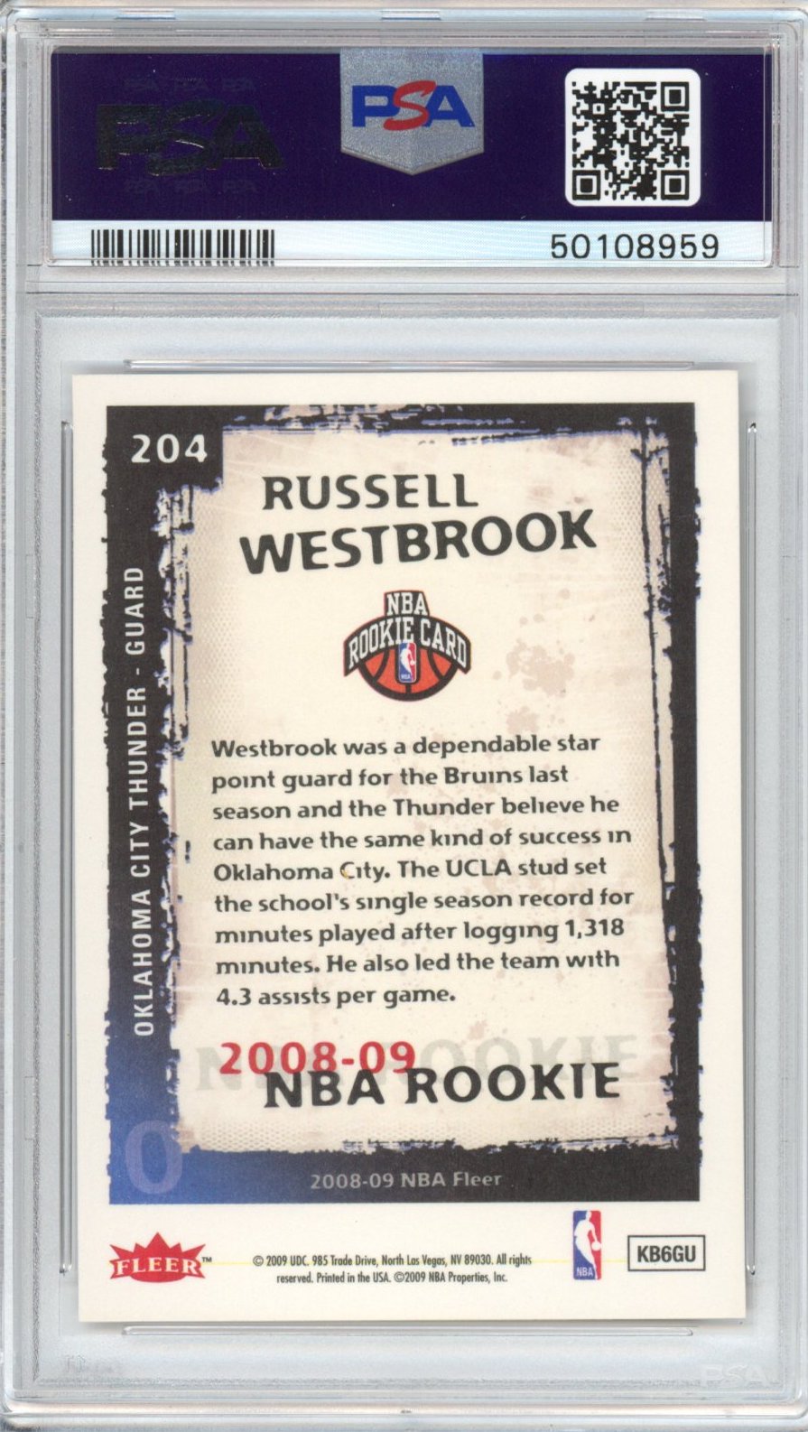 Graded 2008-09 Fleer Russell Westbrook #204 Rookie RC Basketball Card PSA 10 Gem Mint