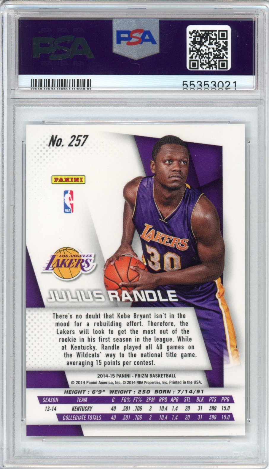 Graded 2014-15 Panini Prizm Julius Randle #257 Rookie RC Basketball Card PSA 10 Gem Mint