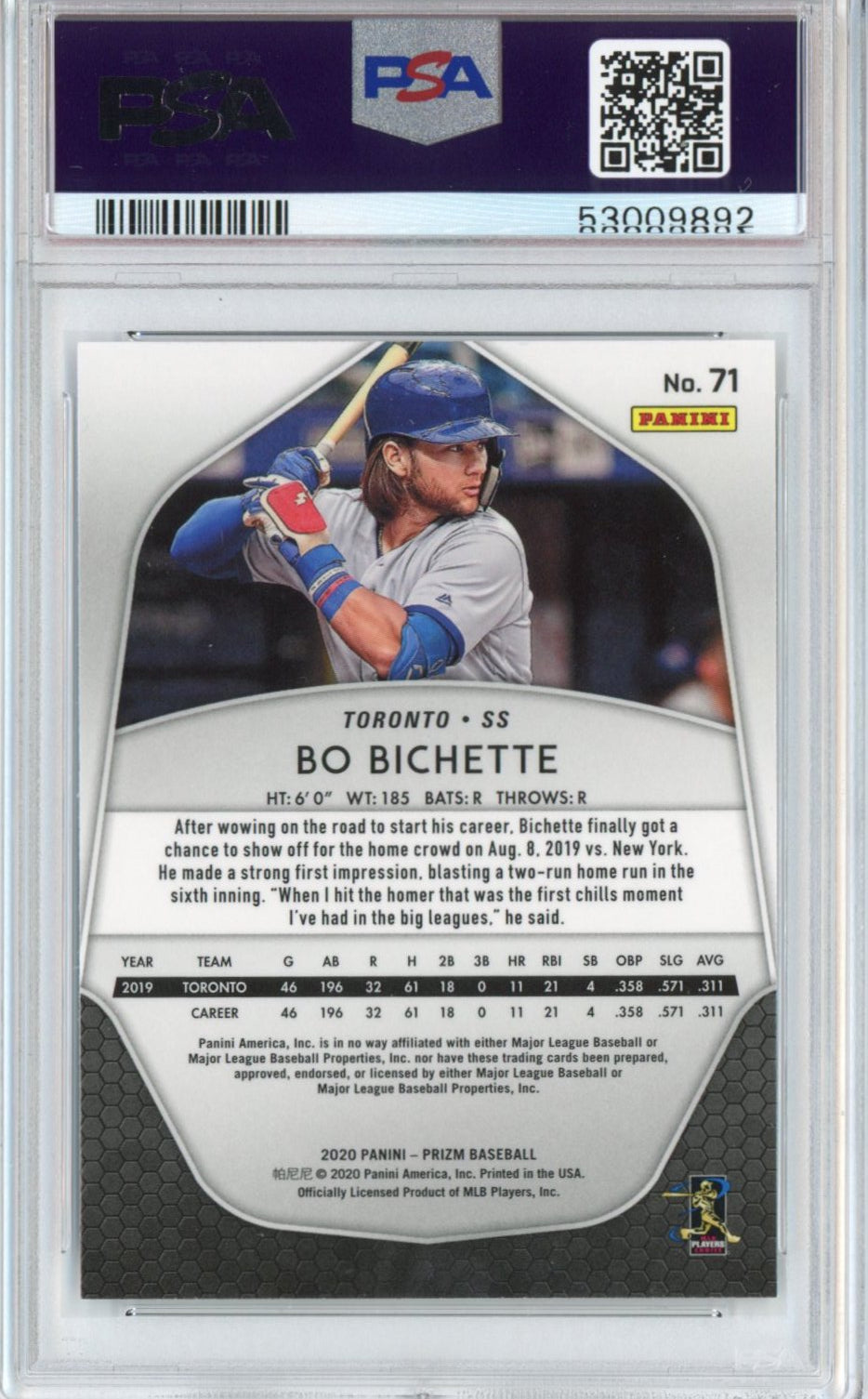Graded 2020 Panini Prizm Bo Bichette #71 Rookie RC Baseball Card PSA 10 Gem Mint