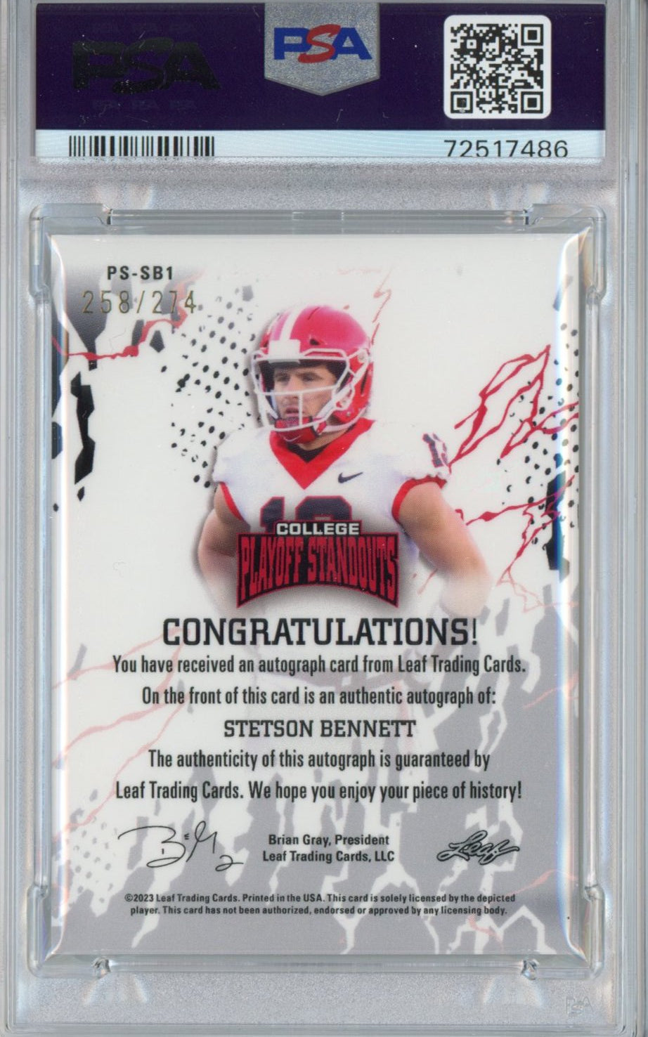 Graded 2023 Leaf College Playoff Standouts Stetson Bennett #SB1 Autographed #/274 Rookie RC Football Card PSA/DNA 9 Mint Auto Grade 9