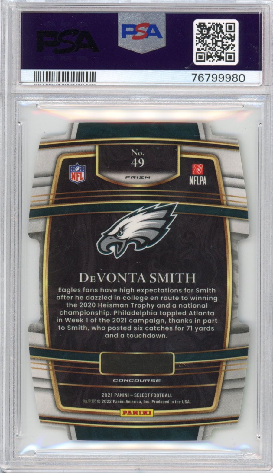 Graded 2021 Panini Select Devonta Smith #49 Die-Cut Green/Yellow Prizm Concourse Rookie RC Football Card PSA 10