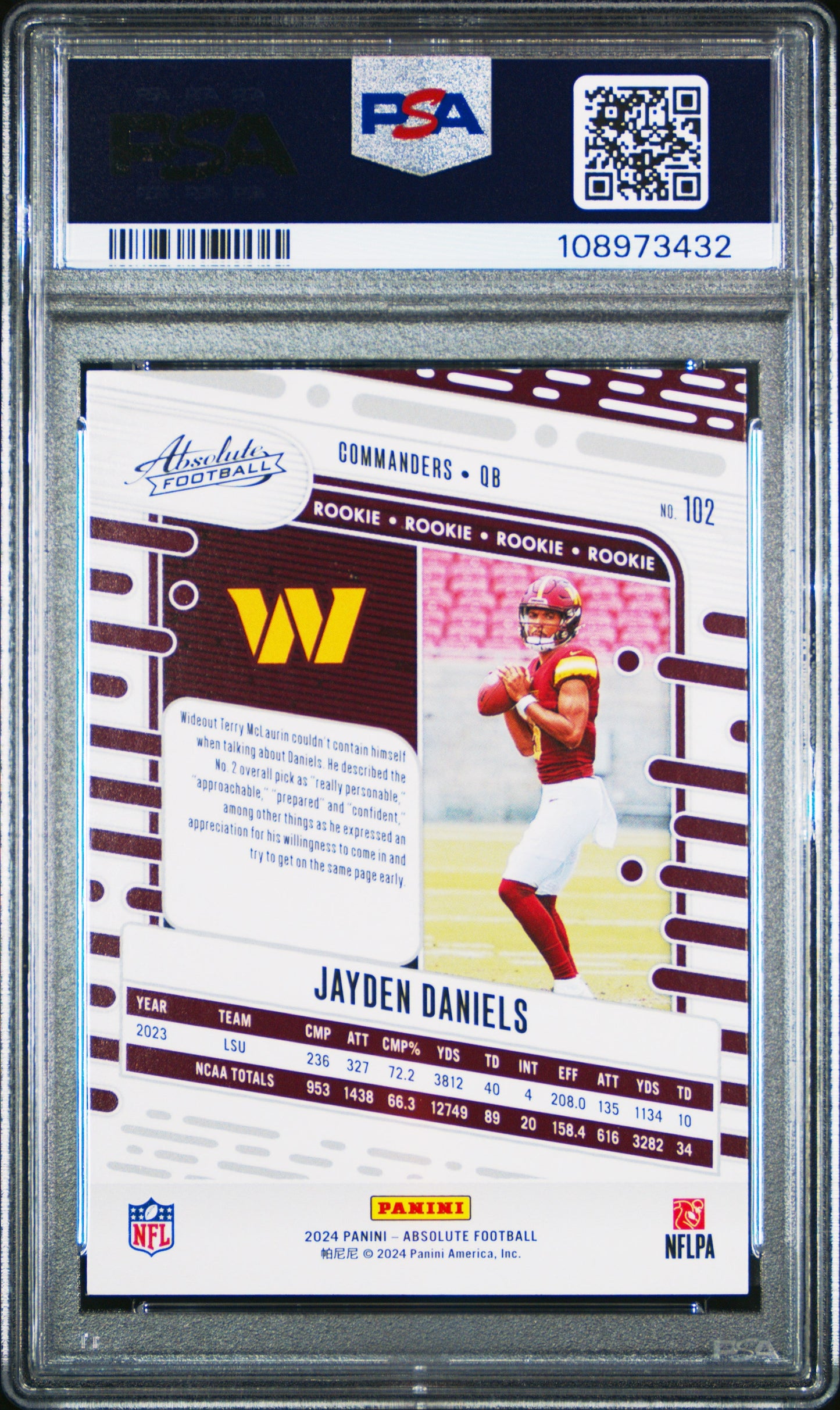 Graded 2024 Panini Absolute Jayden Daniels #102 Orange Rookie RC Football Card PSA 10 Gem Mint