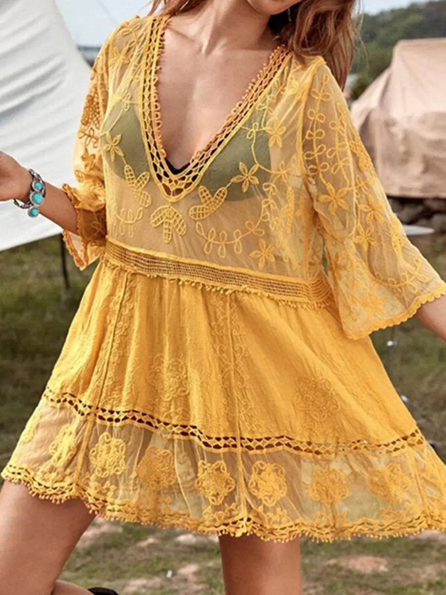 Dresses Trendsi Lace Plunge Beach Cover-Up Women's Dress: Stylish Summer Style