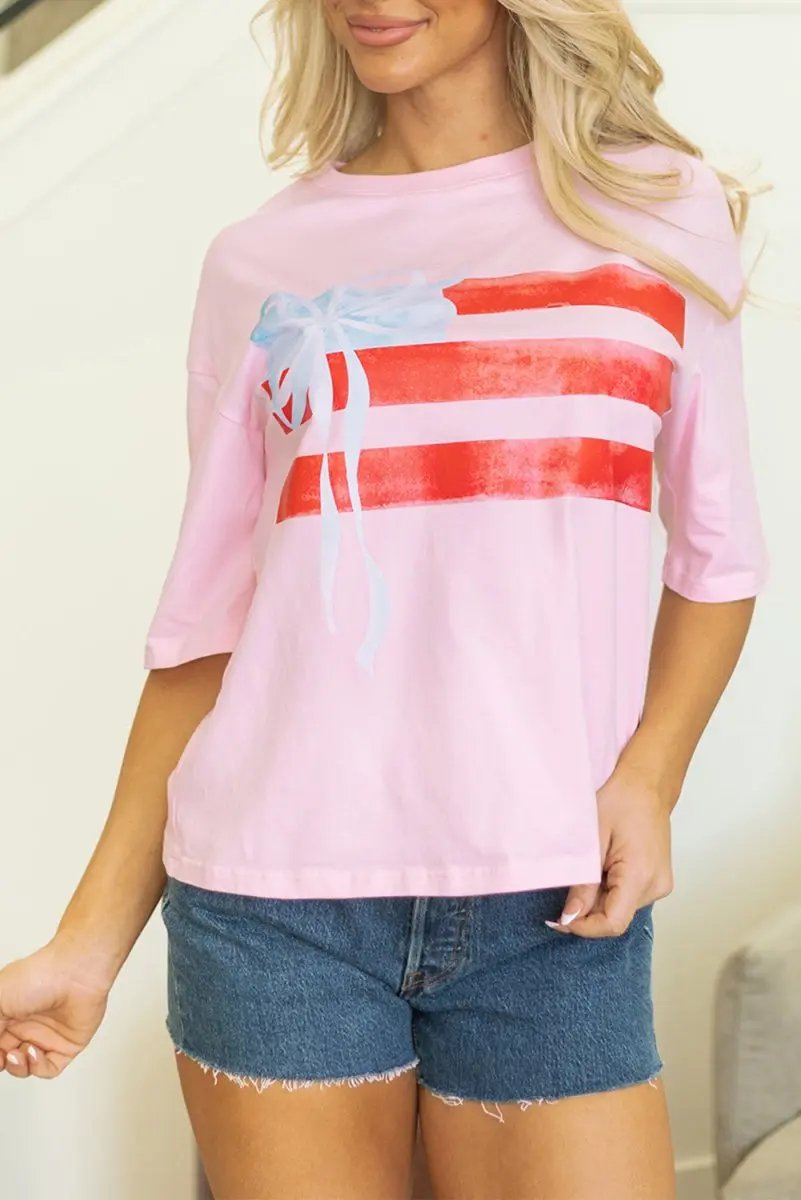 T-Shirts Love Salve Pink Graphic Tee Women's Casual Summer Top + Bow Detail + Crewneck