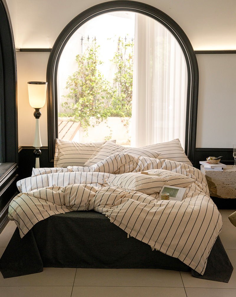 Minimalist Vertical Stripe Bow Ties Bedding Set / Beige Custard