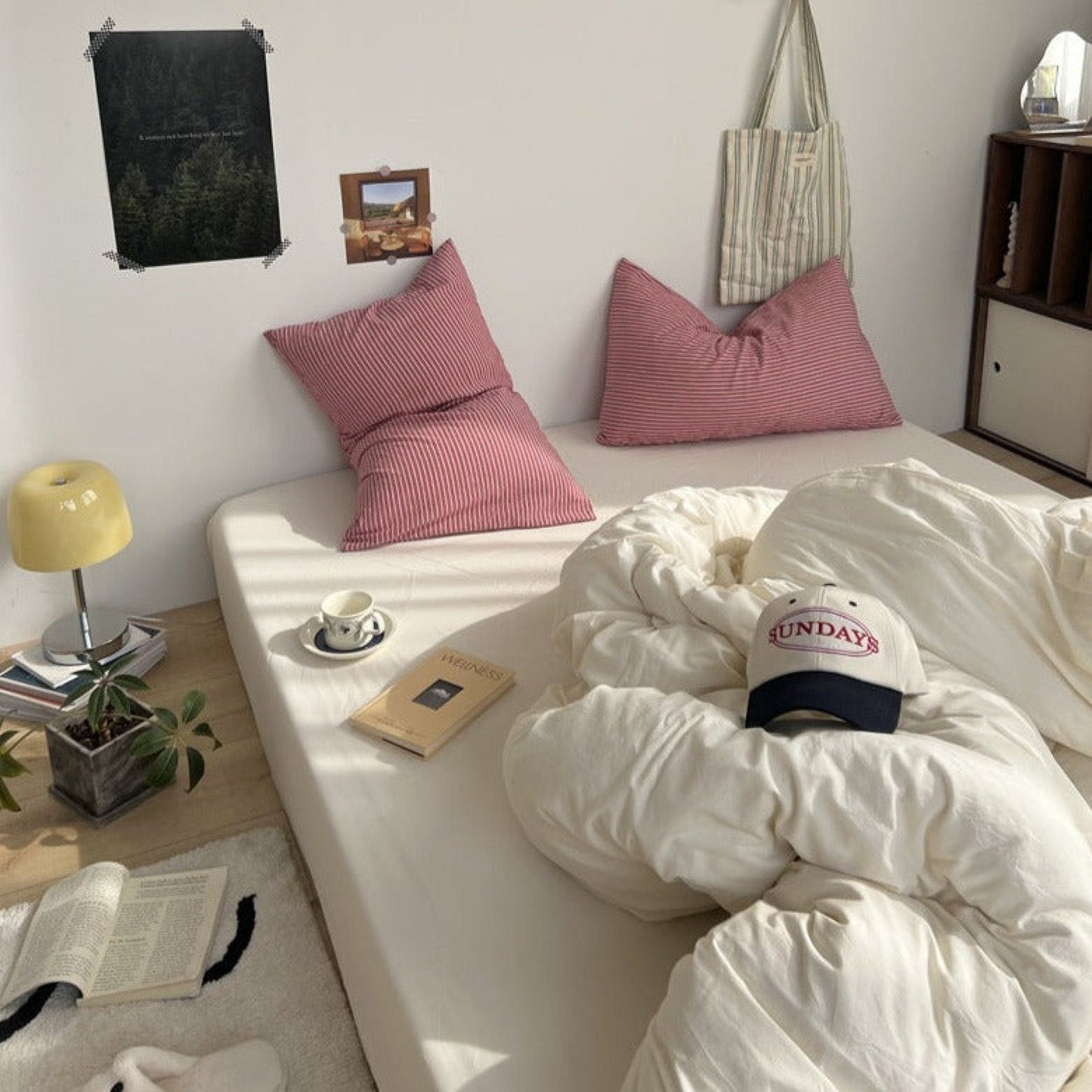 Mixed Stripe Washed Cotton Bedding Set / Blue + Cream