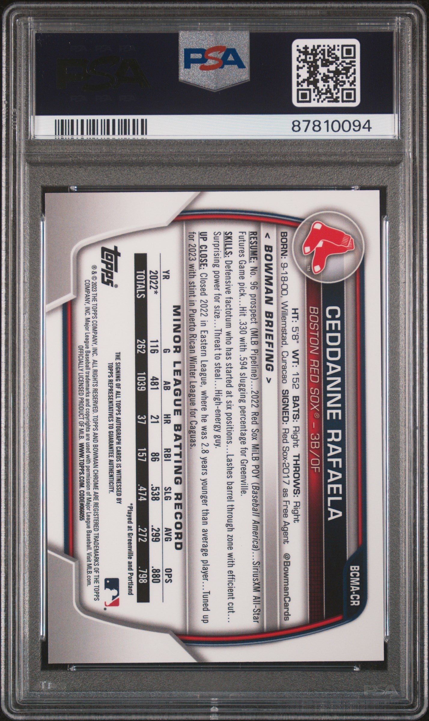Graded 2023 Topps Bowman Chrome Mega Box Ceddanne Rafaela #CR Autograph Rookie RC Baseball Card PSA 10 Gem Mint