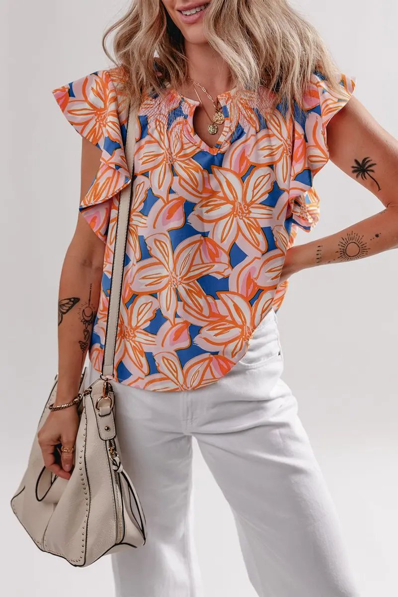 Women's Blouse Women's Floral Blouse - Ruffle Sleeve & Notched Neck - Summer Top