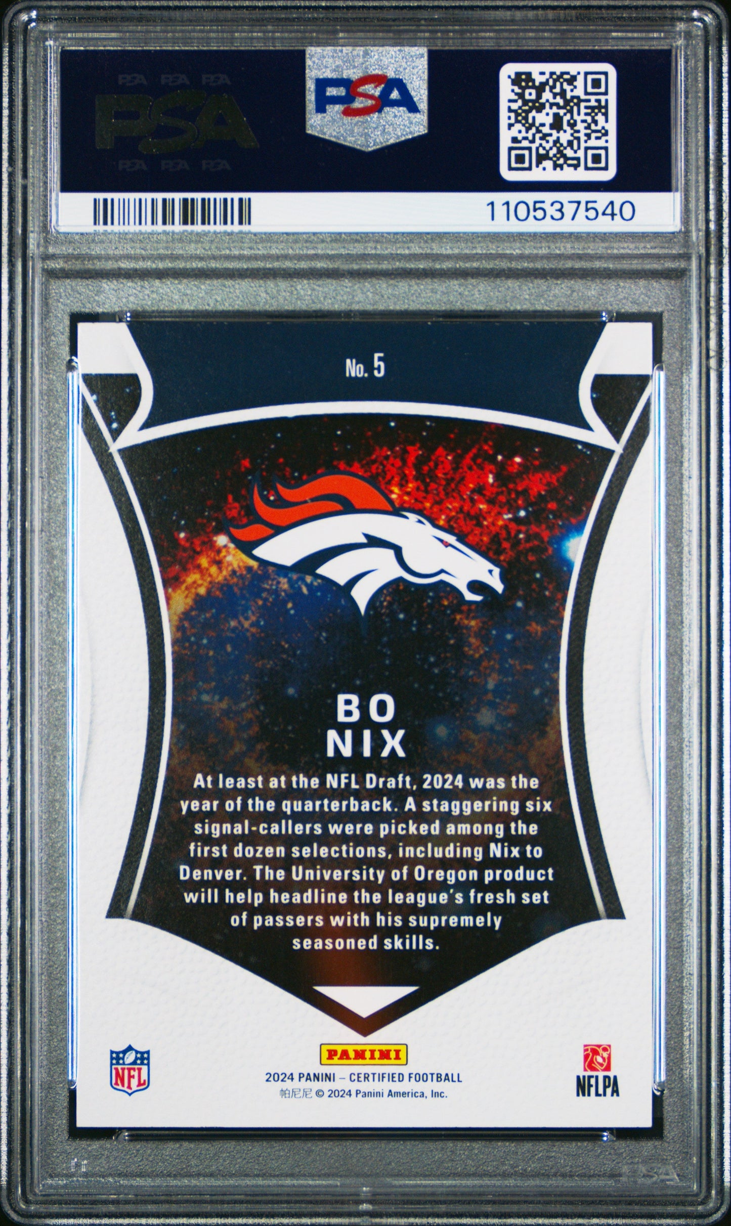 Graded 2024 Panini Certified Bo Nix #5 Certified Rookies Rookie RC Football Card PSA 10 Gem Mint