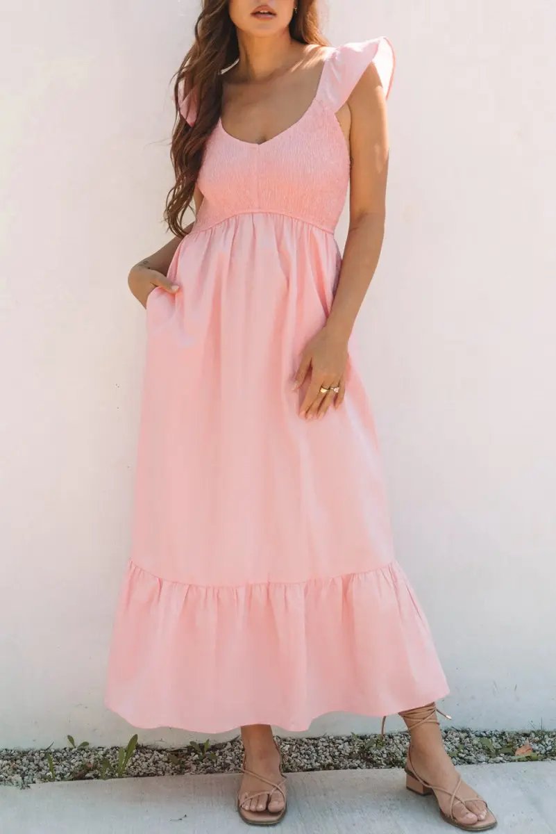 Dresses Love Salve Pink Maxi Dress Women's Vacation Wedding A-Line Smocked Dress