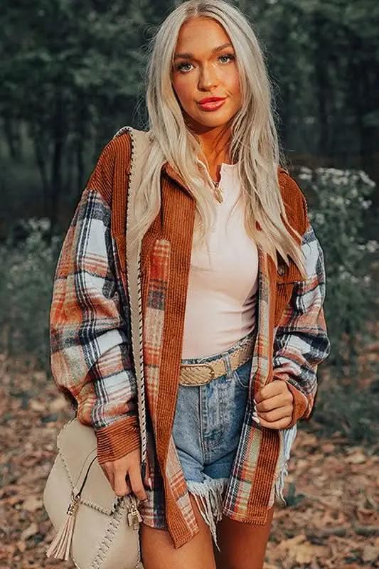 Women's Corduroy Shacket Shacket - Plaid Corduroy Pocketed - Women's Fall Layering