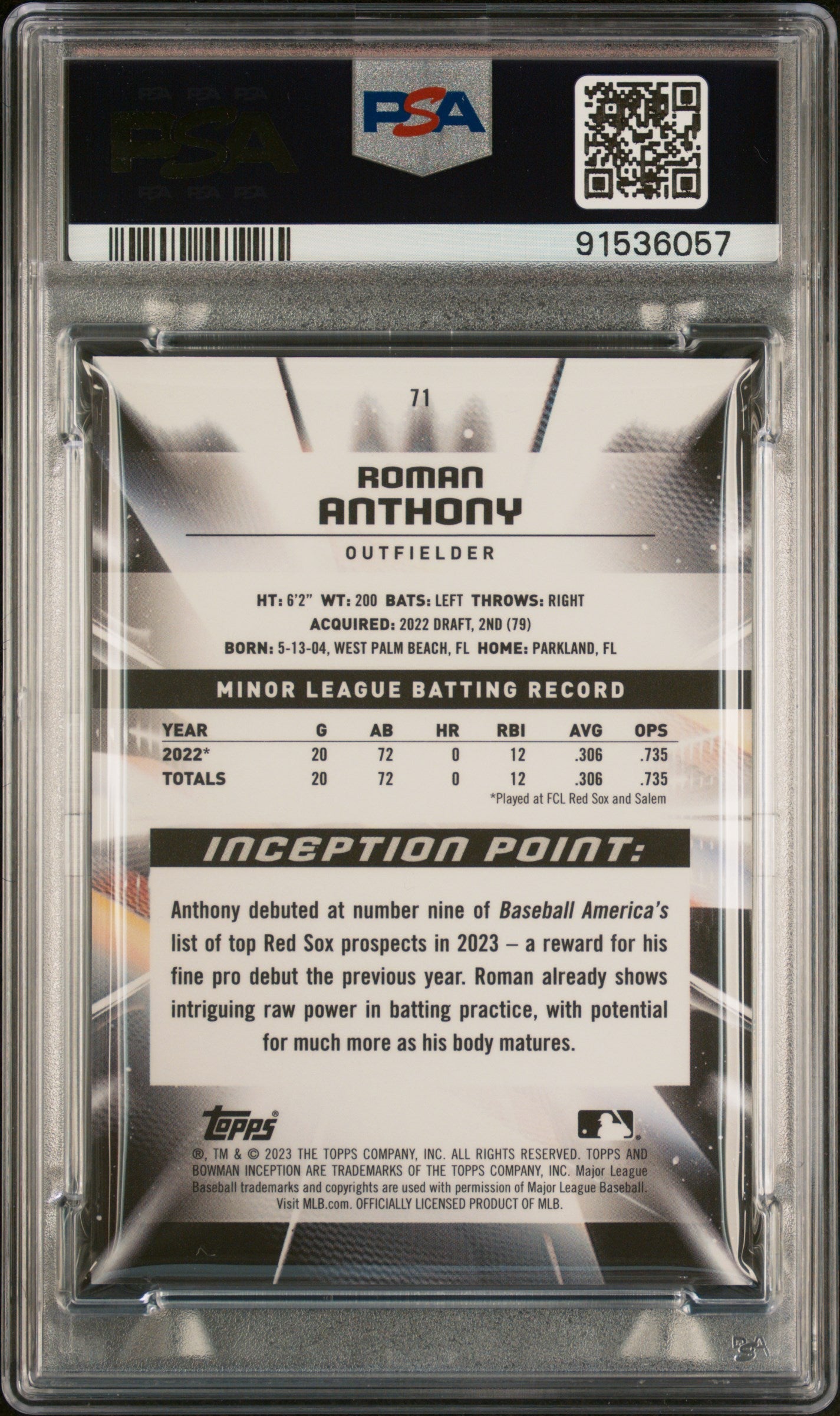 Graded 2023 Topps Bowman Inception Roman Anthony #71 Rookie RC Baseball Card PSA 10 Gem Mint