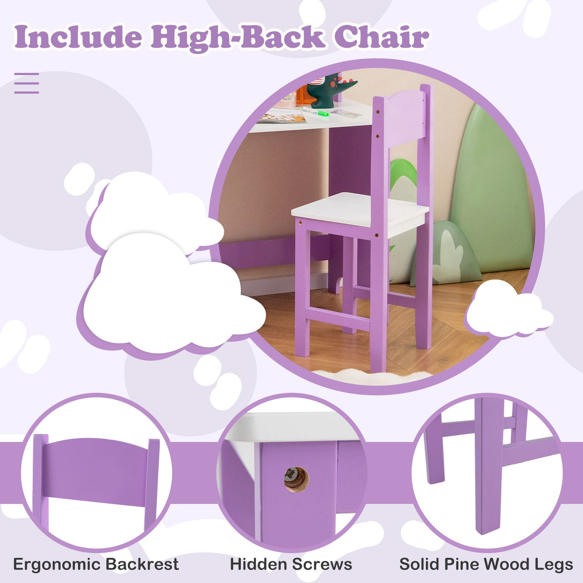 Kids Table and Chair Set for Arts Crafts Homework Home School-Purple