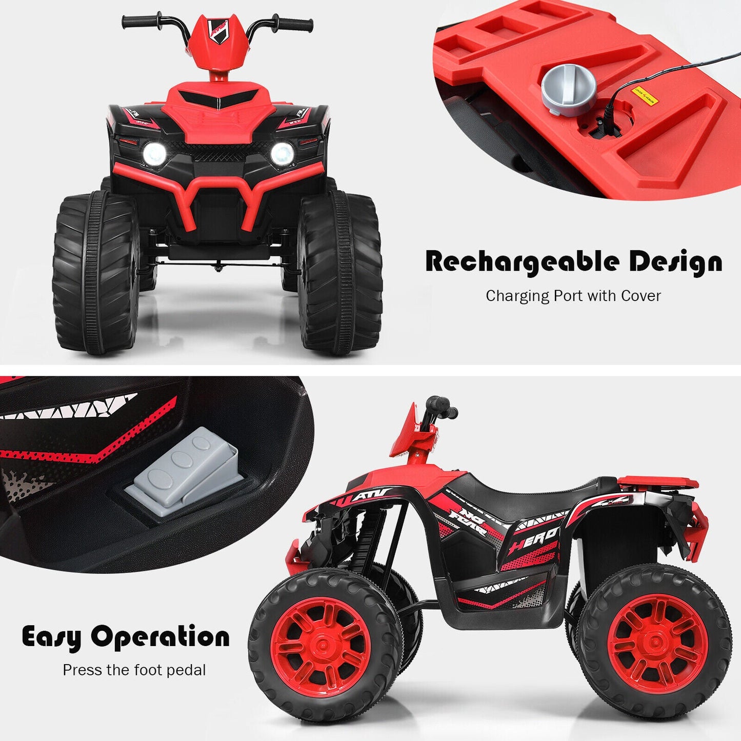 Red 12V Kids ATV Quad Ride On Car with LED Light and Music Toy