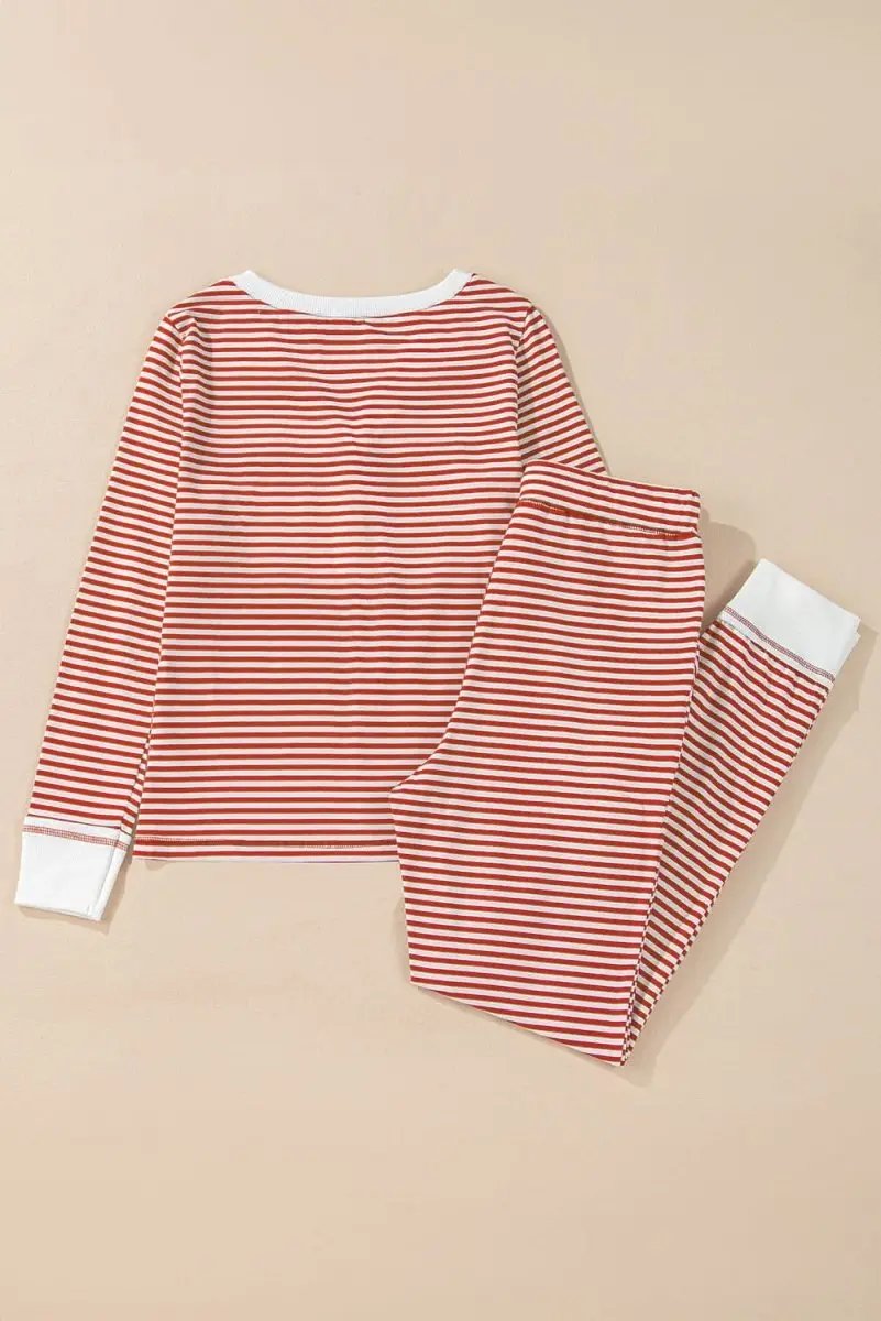 Pants Love Salve Red Stripe Lounge Set Women's Casual Two-Piece: Buttoned V-Neck, Knotted Waist