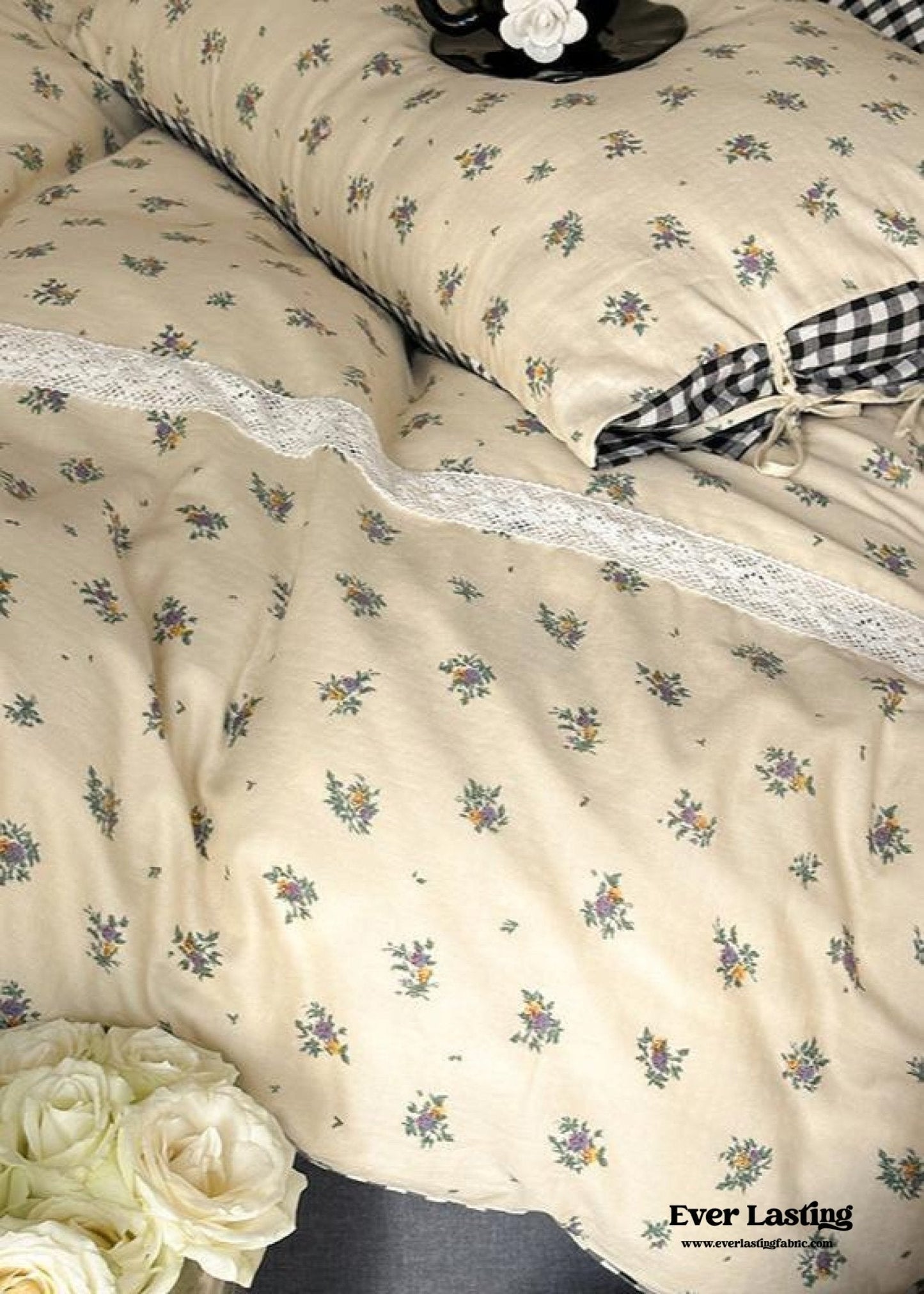Rosalie Floral Lace Gingham Bedding Set / Pink