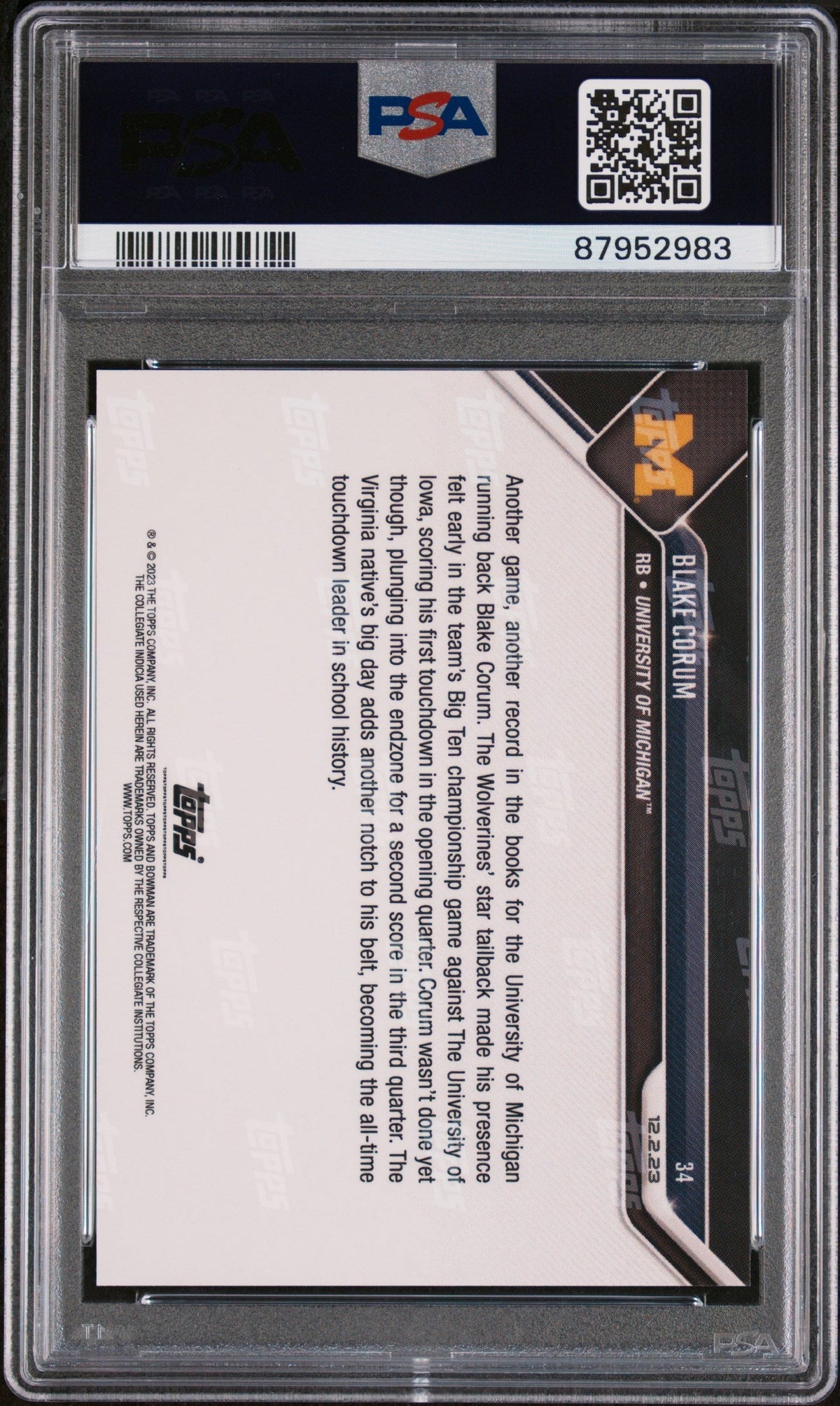 Graded 2023 Topps Bowman U Now Blake Corum #34 Rookie RC Football Card PSA 10 Gem Mint
