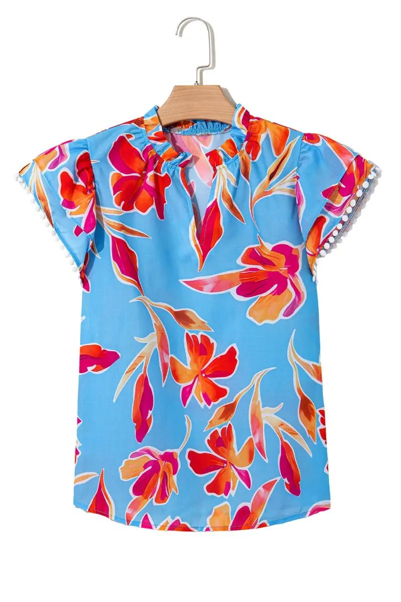 Women's Blouse Floral Blouse - V-Neck Flutter Sleeve - Sky Blue Summer Top