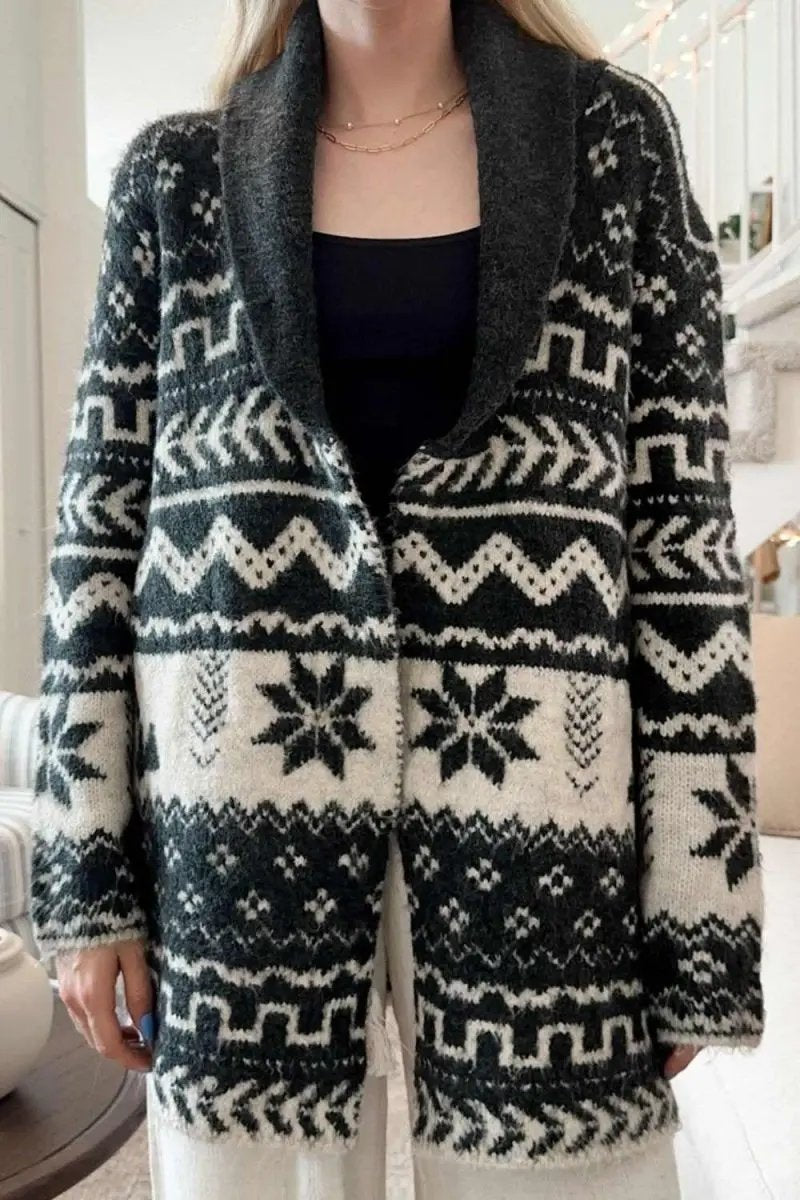 Women's Cardigan Cardigan - Snowflakes & Collared Neck - Soft Winter Knit