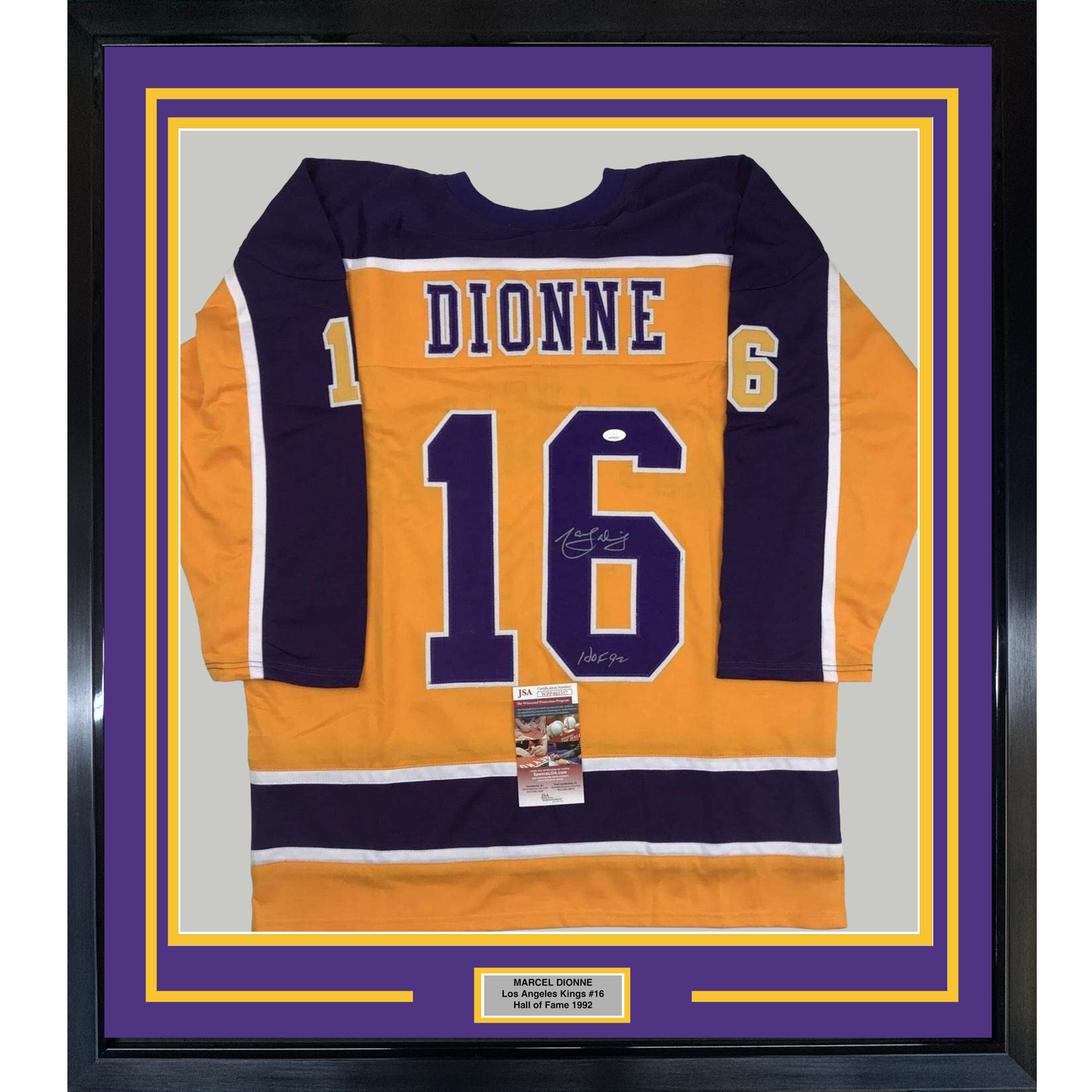 Framed Autographed/Signed Marcel Dionne HOF 92 35x39 Los Angeles LA Yellow Hockey Jersey JSA COA